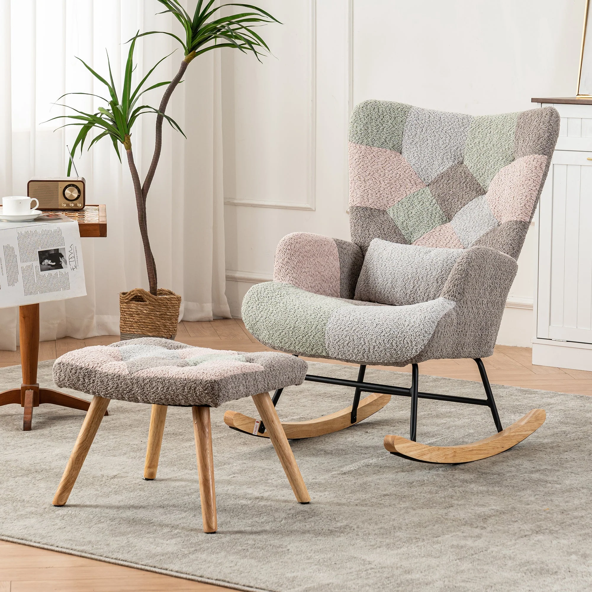 Rocking Chair with Footrest & Lumbar Cushion, Sturdy Rubberwood, Multicolored - Image 4