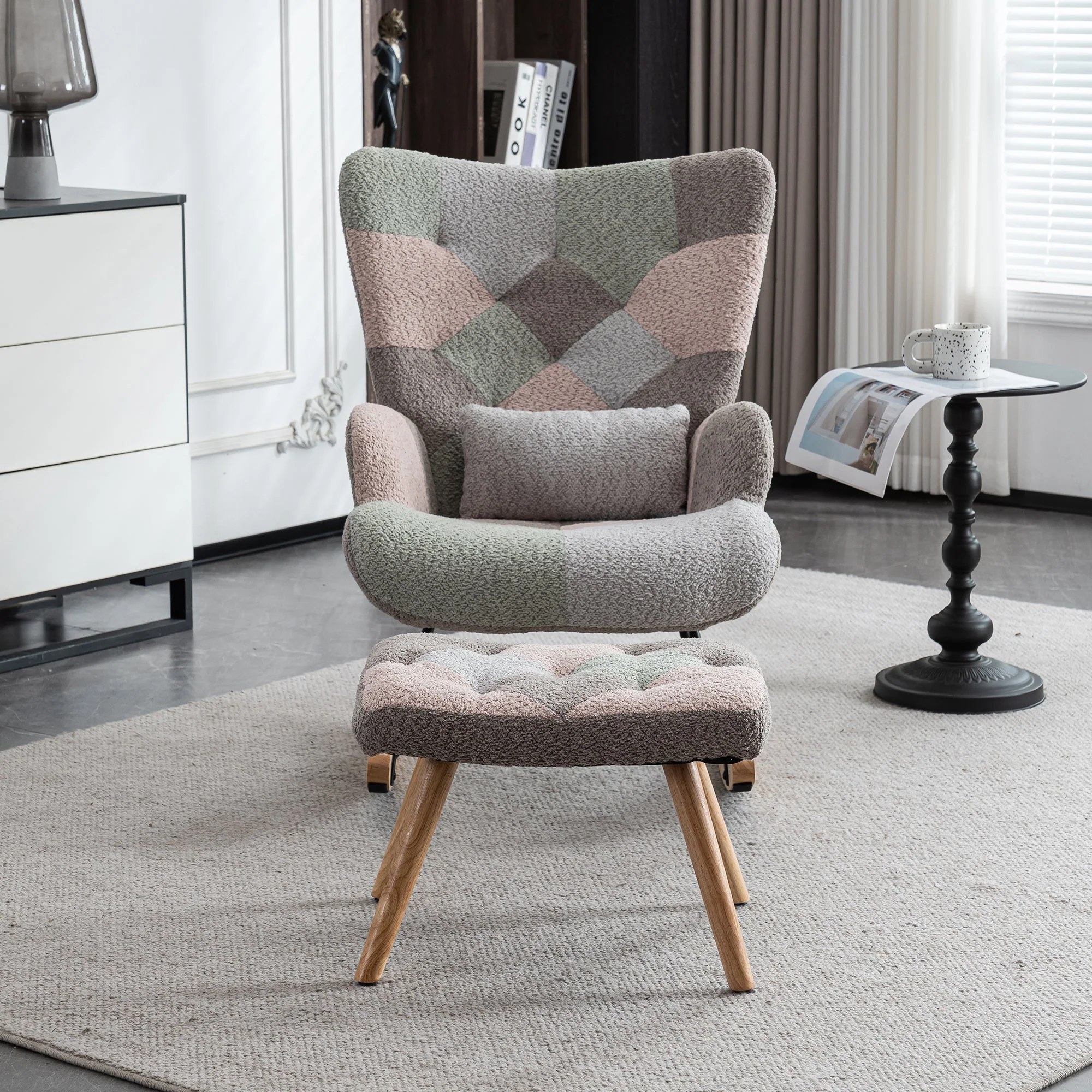 Rocking Chair with Footrest & Lumbar Cushion, Sturdy Rubberwood, Multicolored - Image 6