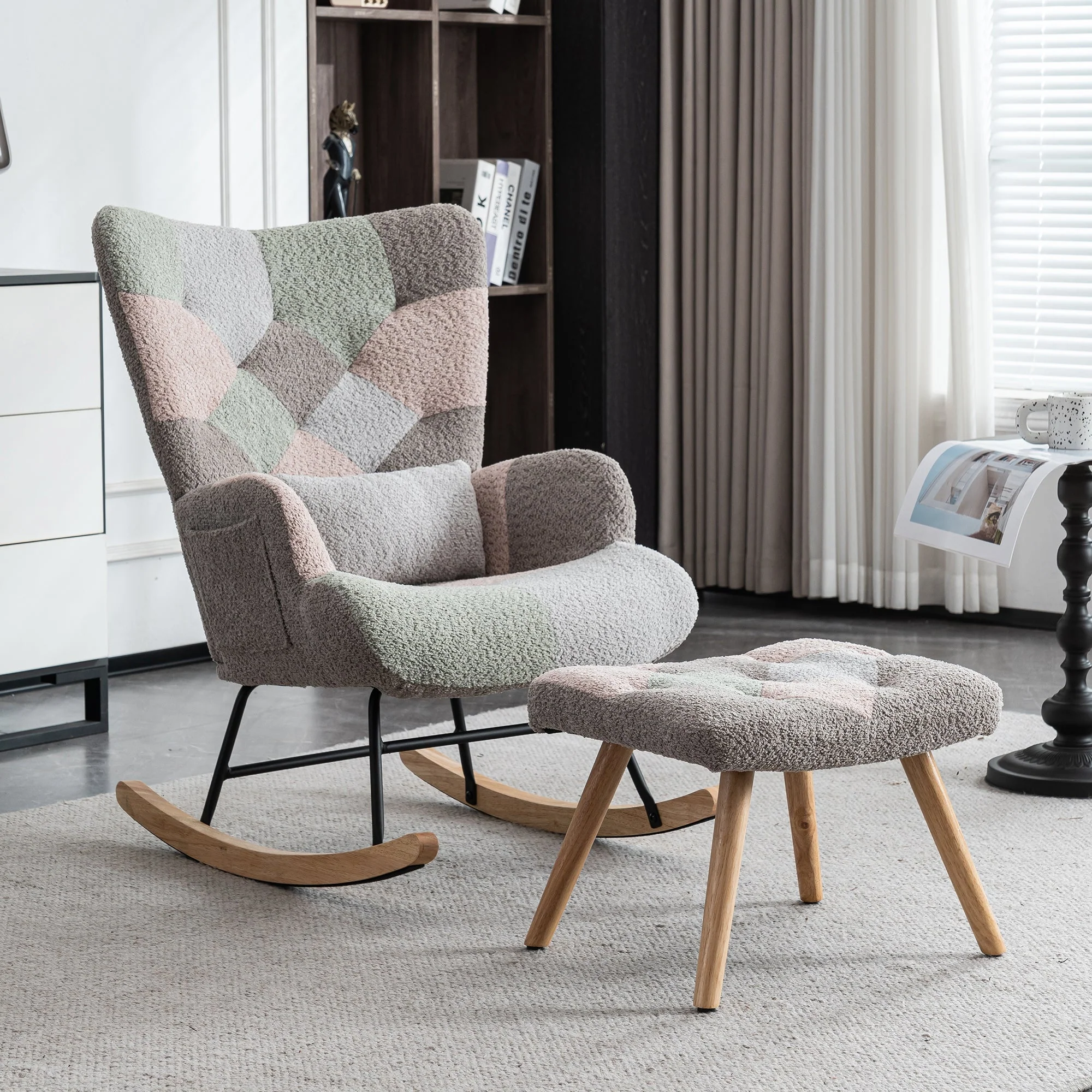 Rocking Chair with Footrest & Lumbar Cushion, Sturdy Rubberwood, Multicolored - Image 7