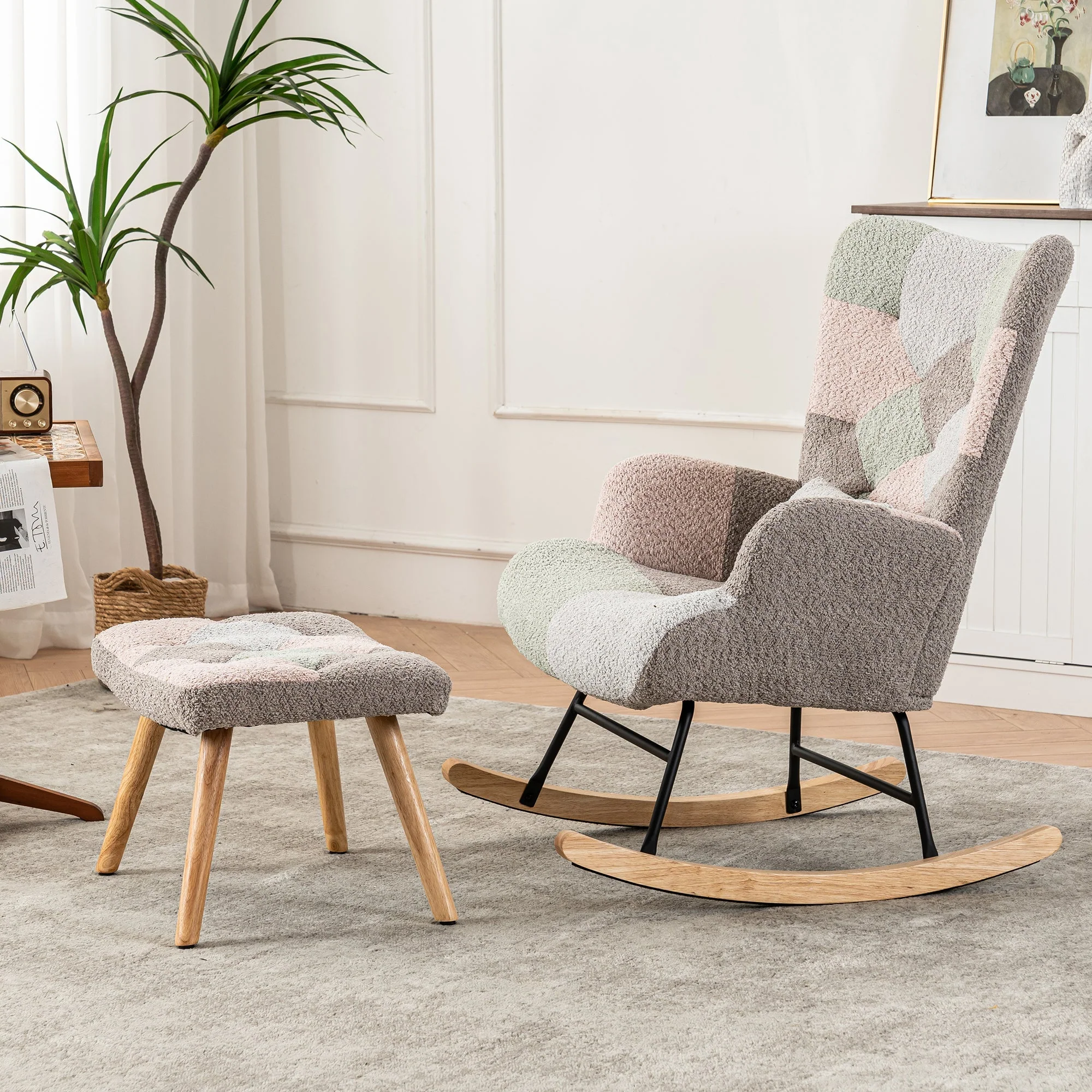 Rocking Chair with Footrest & Lumbar Cushion, Sturdy Rubberwood, Multicolored - Image 8