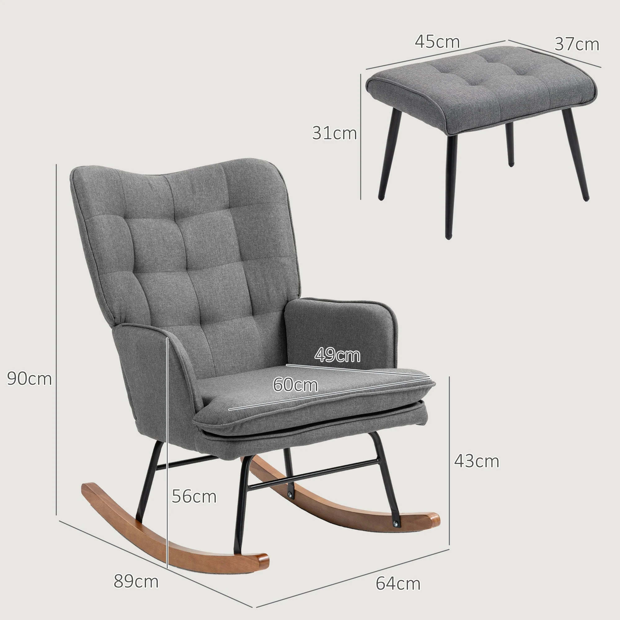 Rocking Chair with Footstool, 130kg Capacity Armrests Recliner, Linen Look - Image 3