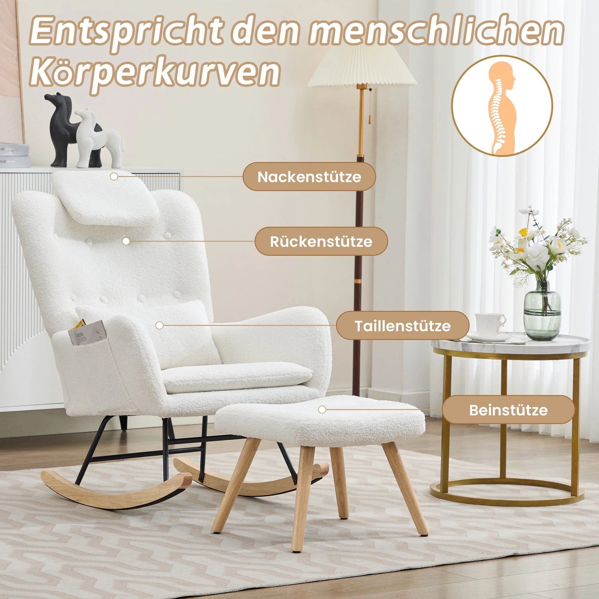 Rocking Chair with Footstool, Armrests Recliner Lounge Chair, Teddy Velvet Fabric - Image 7