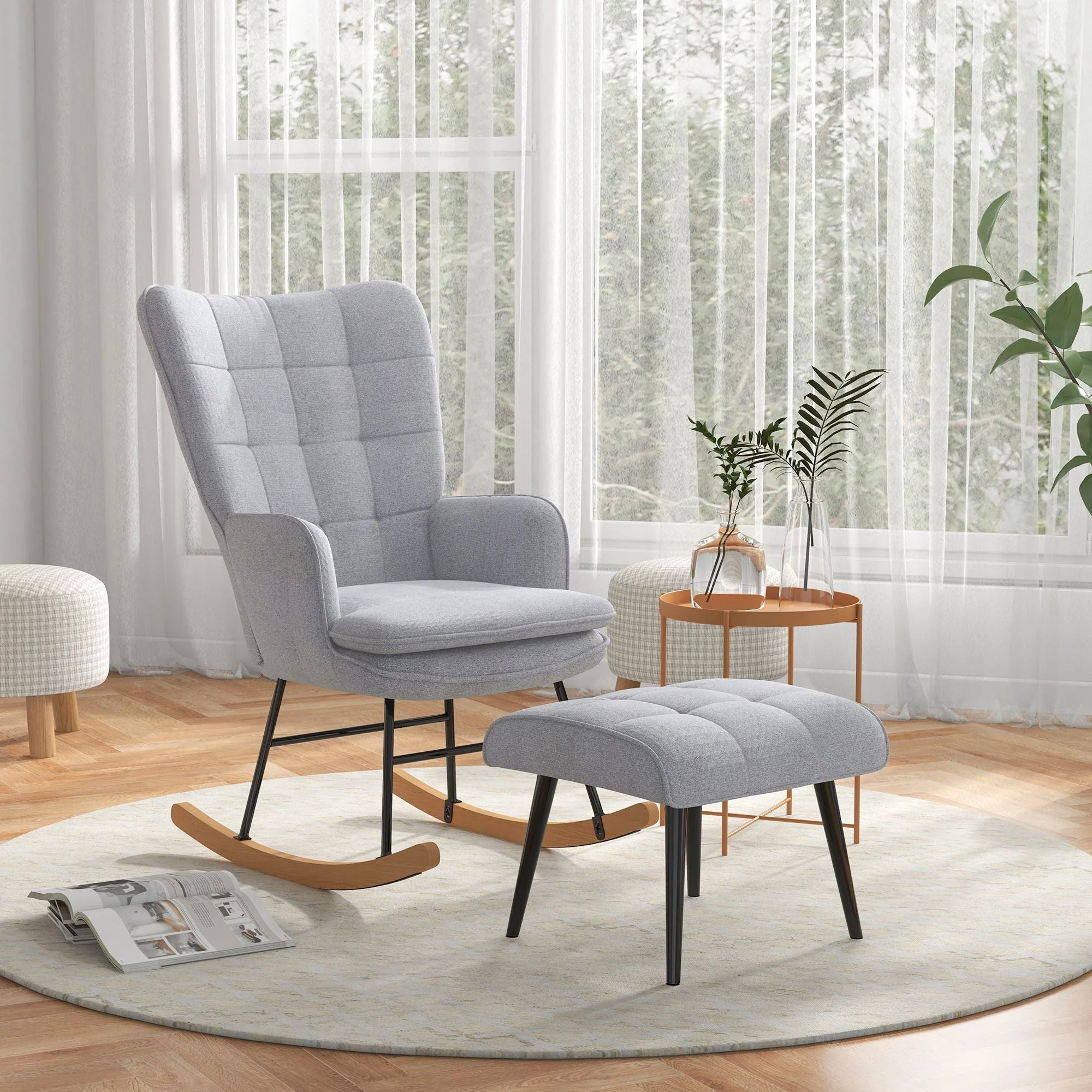 Rocking Chair with Stool, Armchair, Relaxing, 130 kg, Light Grey