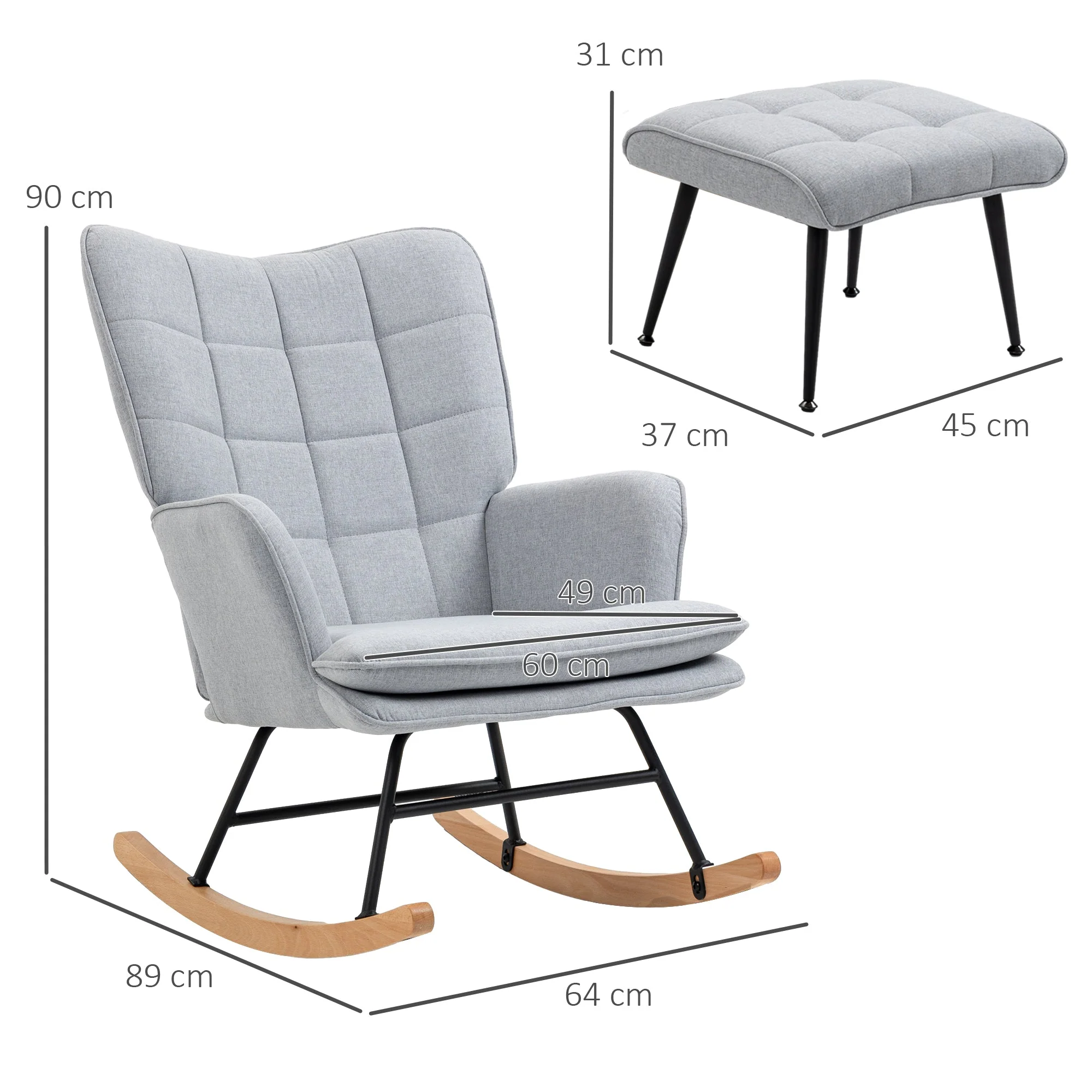 Rocking Chair with Stool, Armchair, Relaxing, 130 kg, Light Grey - Image 3