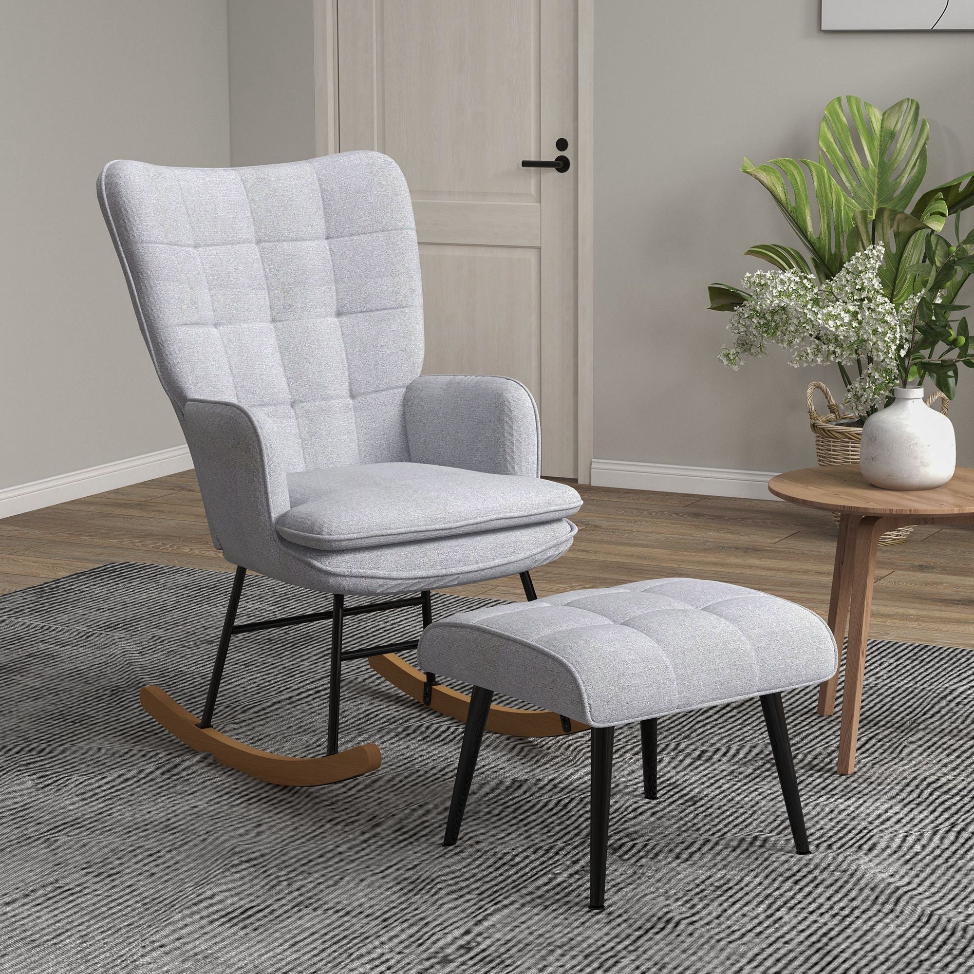 Rocking Chair with Stool, Armchair, Relaxing, 130 kg, Light Grey - Image 8