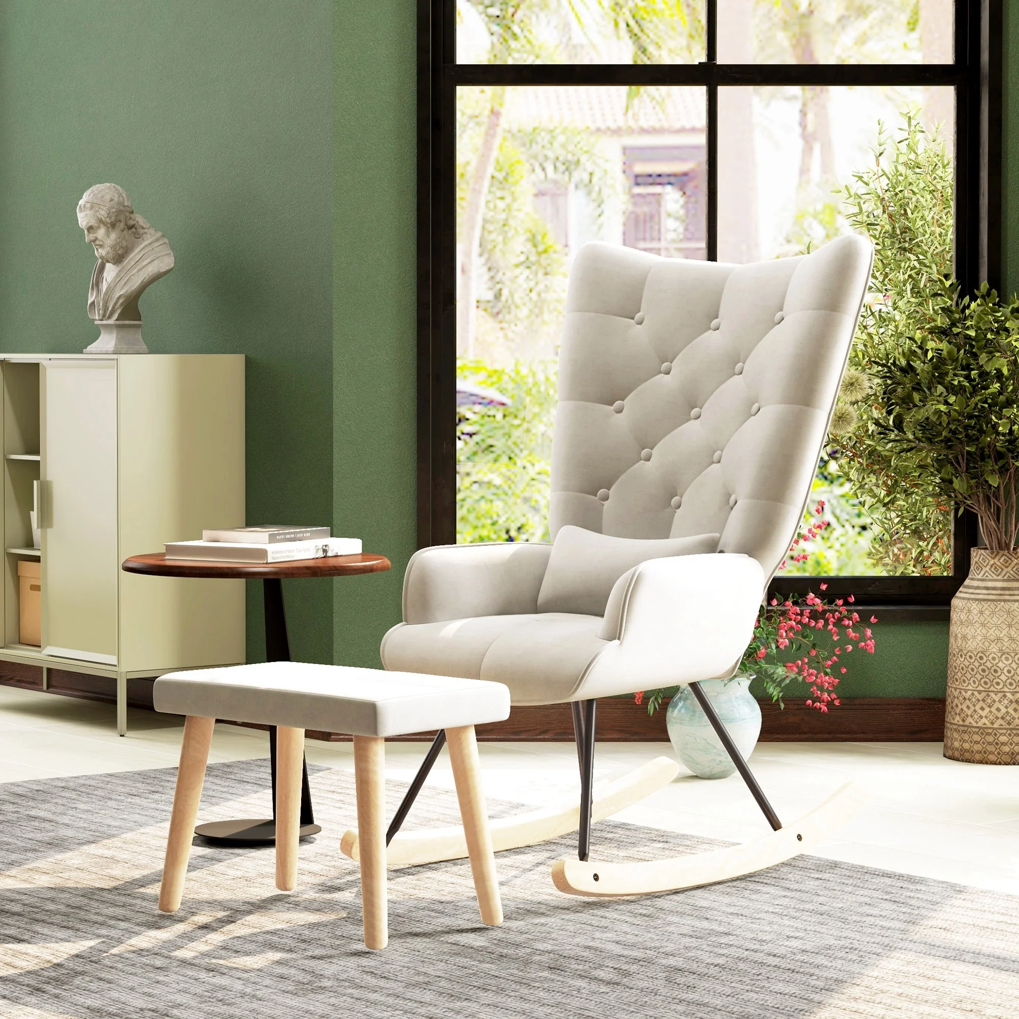 Rocking Chair with Stool, Cushion, Wingback, Cream White Velvet - Image 8