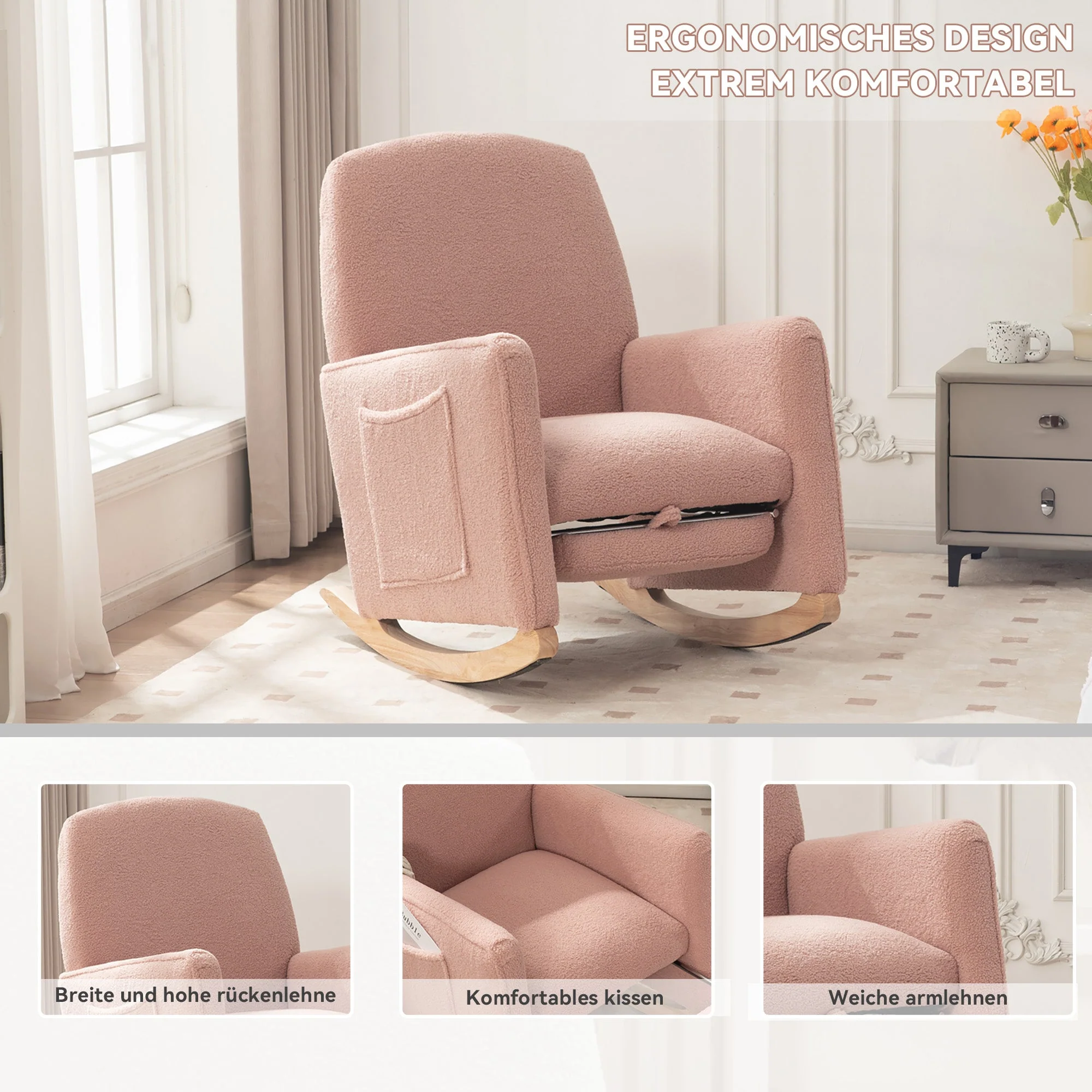 Rocking Chair with Stool, Indoor Recliner with High Backrest, Pink Teddy Fabric - Image 4