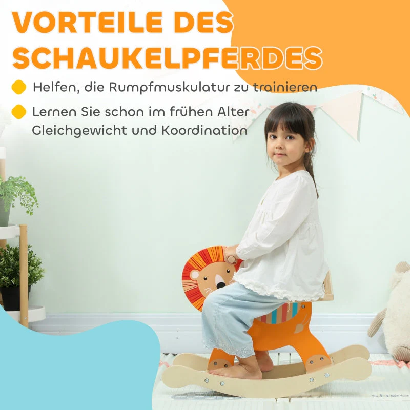 Rocking Horse with Lion Design, 25 kg Weight Capacity and 2-5 Years, Wood Orange - Image 4