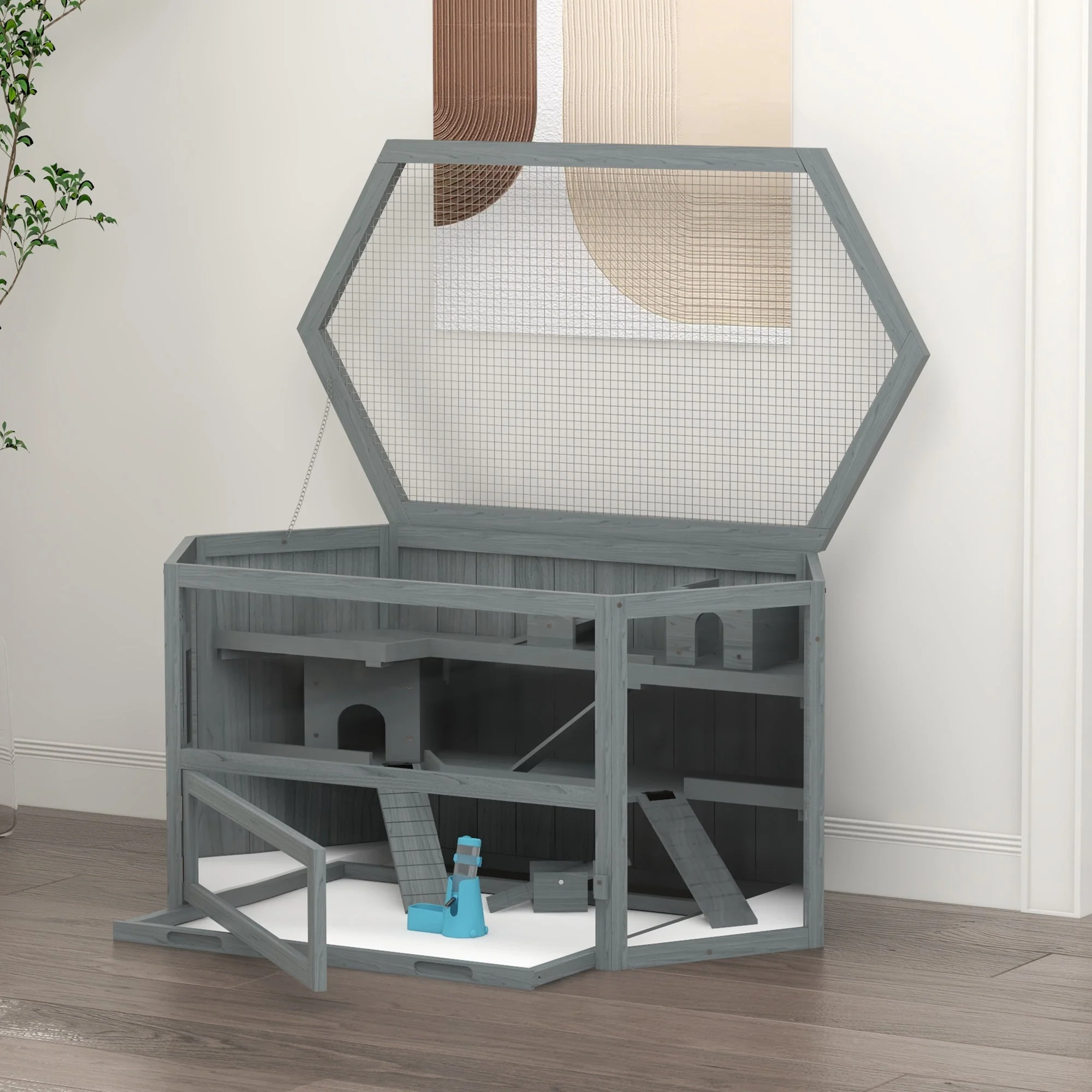 Rodent Cage, 3-Tier Hexagonal with Ramp, Wood Gray - Image 7