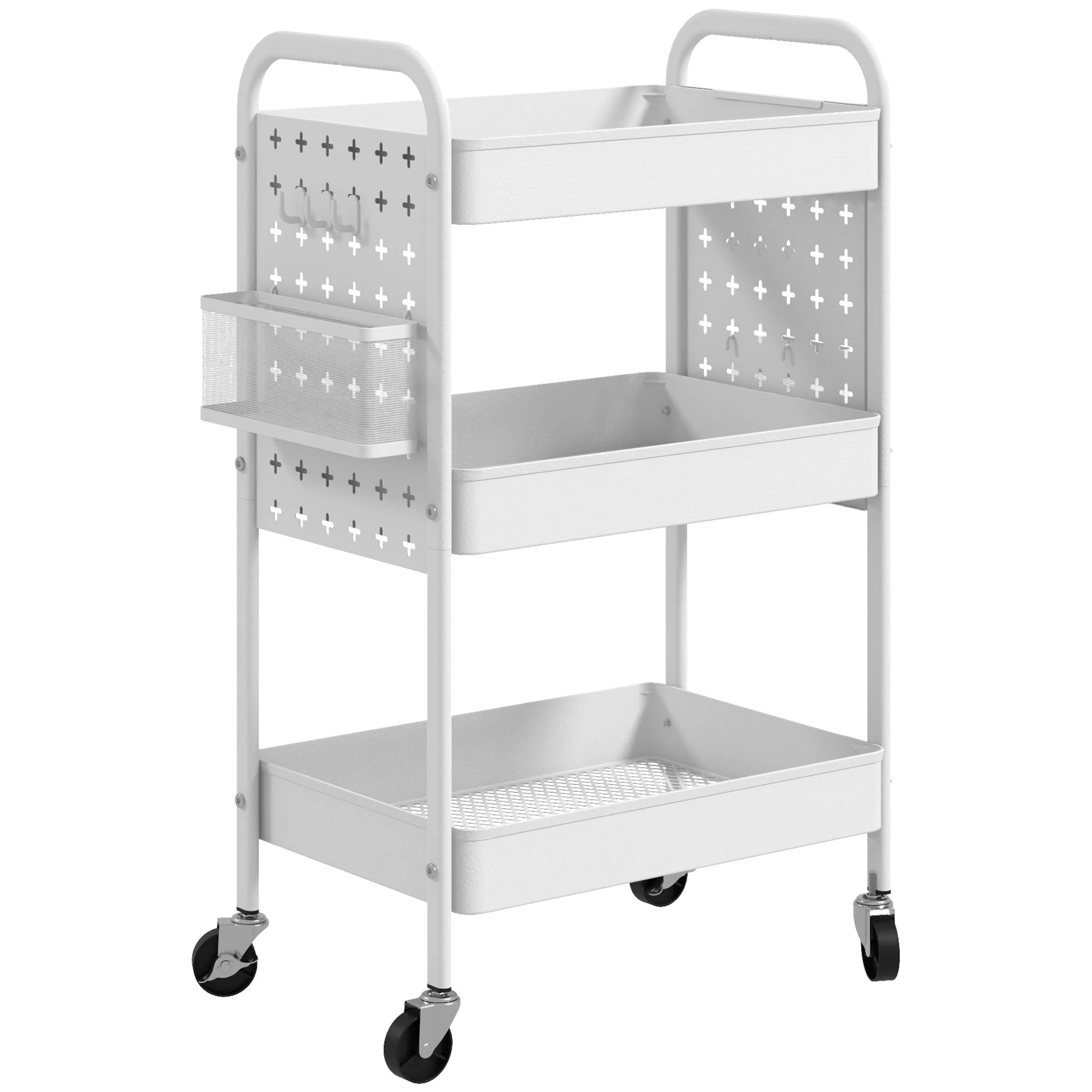 Rolling Cart, 3 Tiers, 2 Hanging Baskets, Steel, White - Image 2