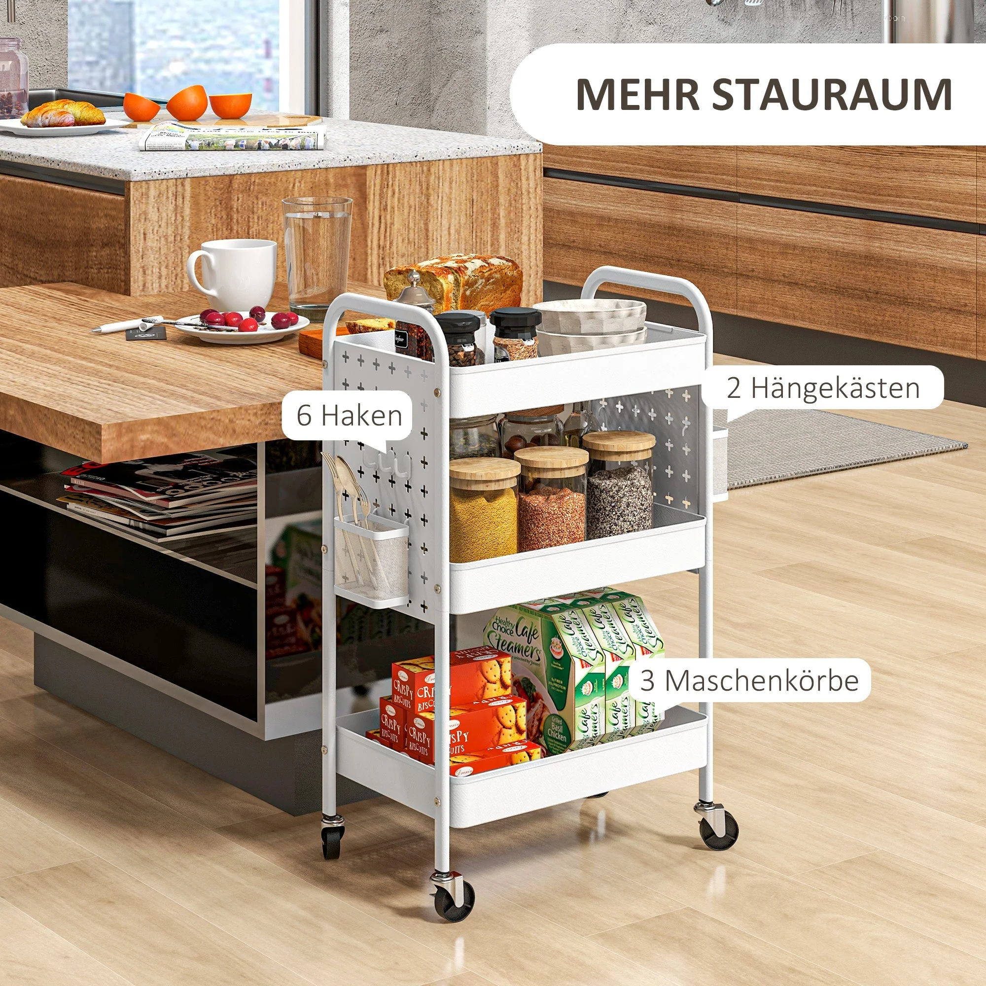 Rolling Cart, 3 Tiers, 2 Hanging Baskets, Steel, White - Image 4