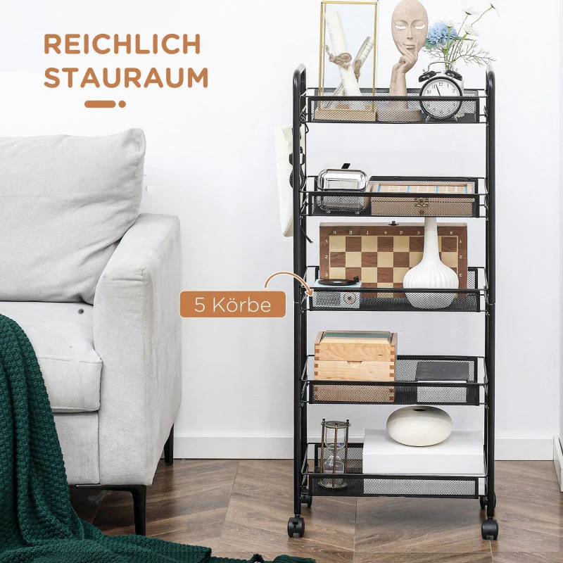 Rolling Cart 4 Tier, 5 Baskets, Steel Black - Image 4