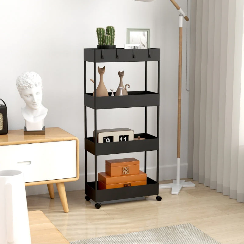 Rolling Cart, 4-Tier with Wheels & Brakes, Plastic Black - Image 7