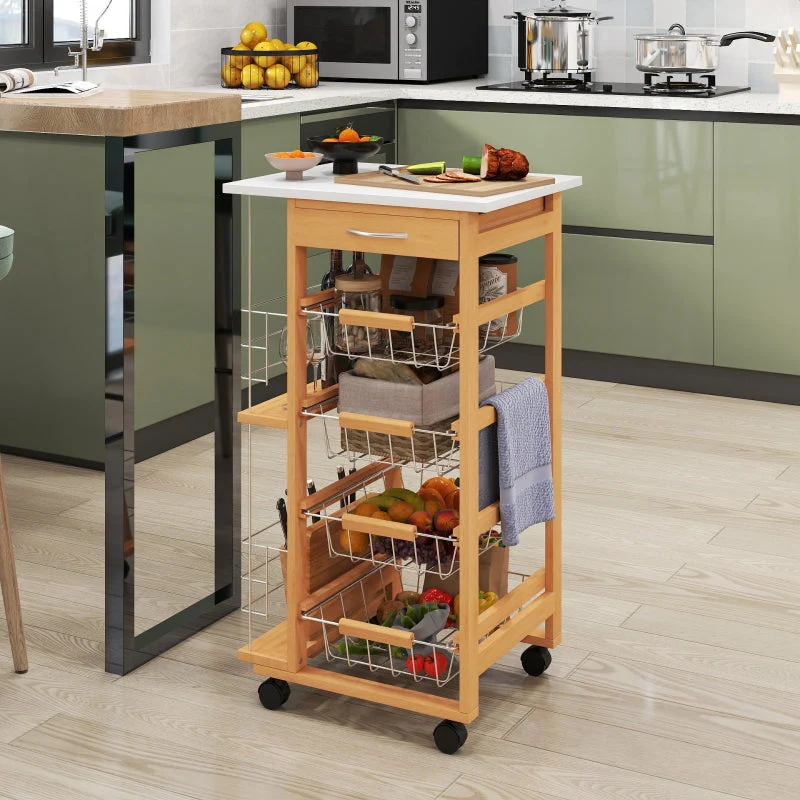 Rolling Kitchen Cart, 4 Basket Drawers Side Racks Wheels, Brown