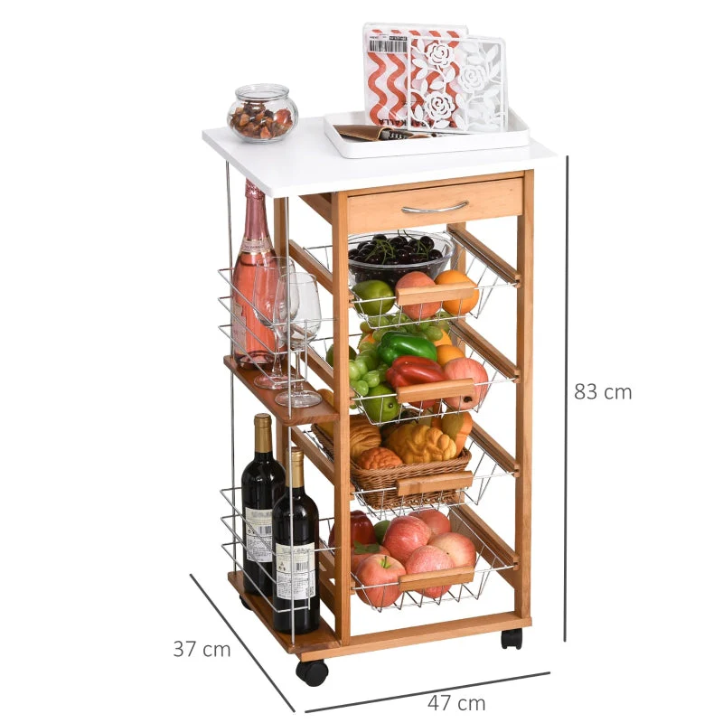 Rolling Kitchen Cart, 4 Basket Drawers Side Racks Wheels, Brown - Image 3