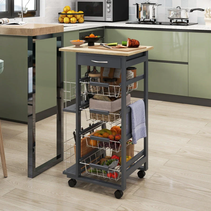 Rolling Kitchen Cart, 4 Basket Drawers Side Racks Wheels, Grey