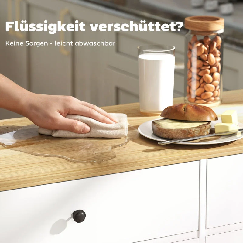 Rolling Kitchen Island 2 Drawers 2 Cabinets Spice Towel Knife Storage - White MDF - Image 5