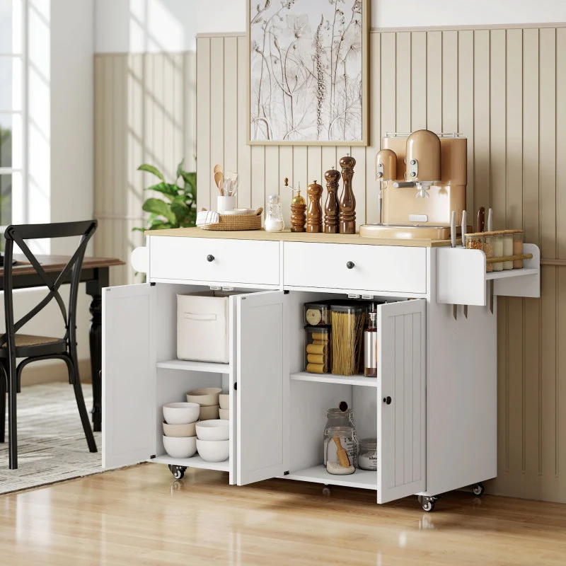 Rolling Kitchen Island 2 Drawers 2 Cabinets Spice Towel Knife Storage - White MDF - Image 7