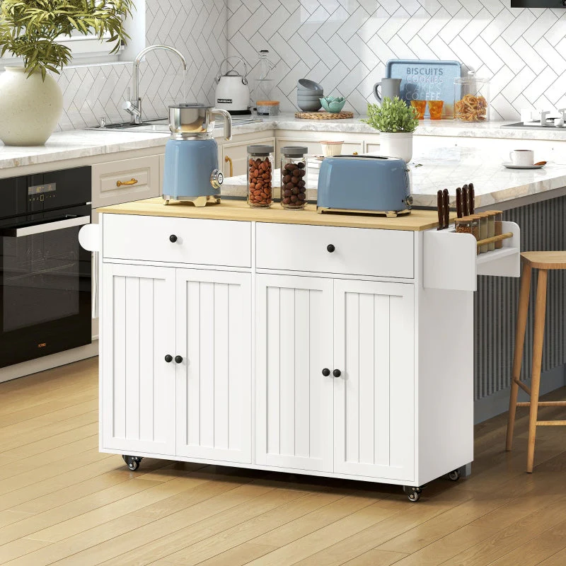 Rolling Kitchen Island 2 Drawers 2 Cabinets Spice Towel Knife Storage - White MDF - Image 8