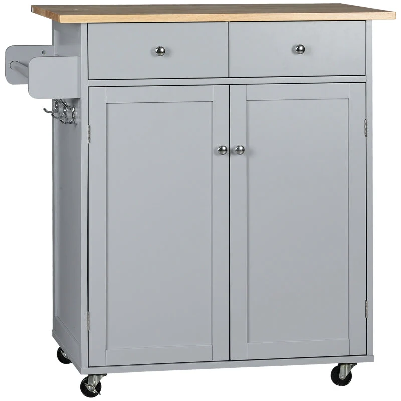 Rolling Kitchen Island, Serving Cart w/ Rubber Wood Top, Towel Rack & Storage, Grey - Image 2
