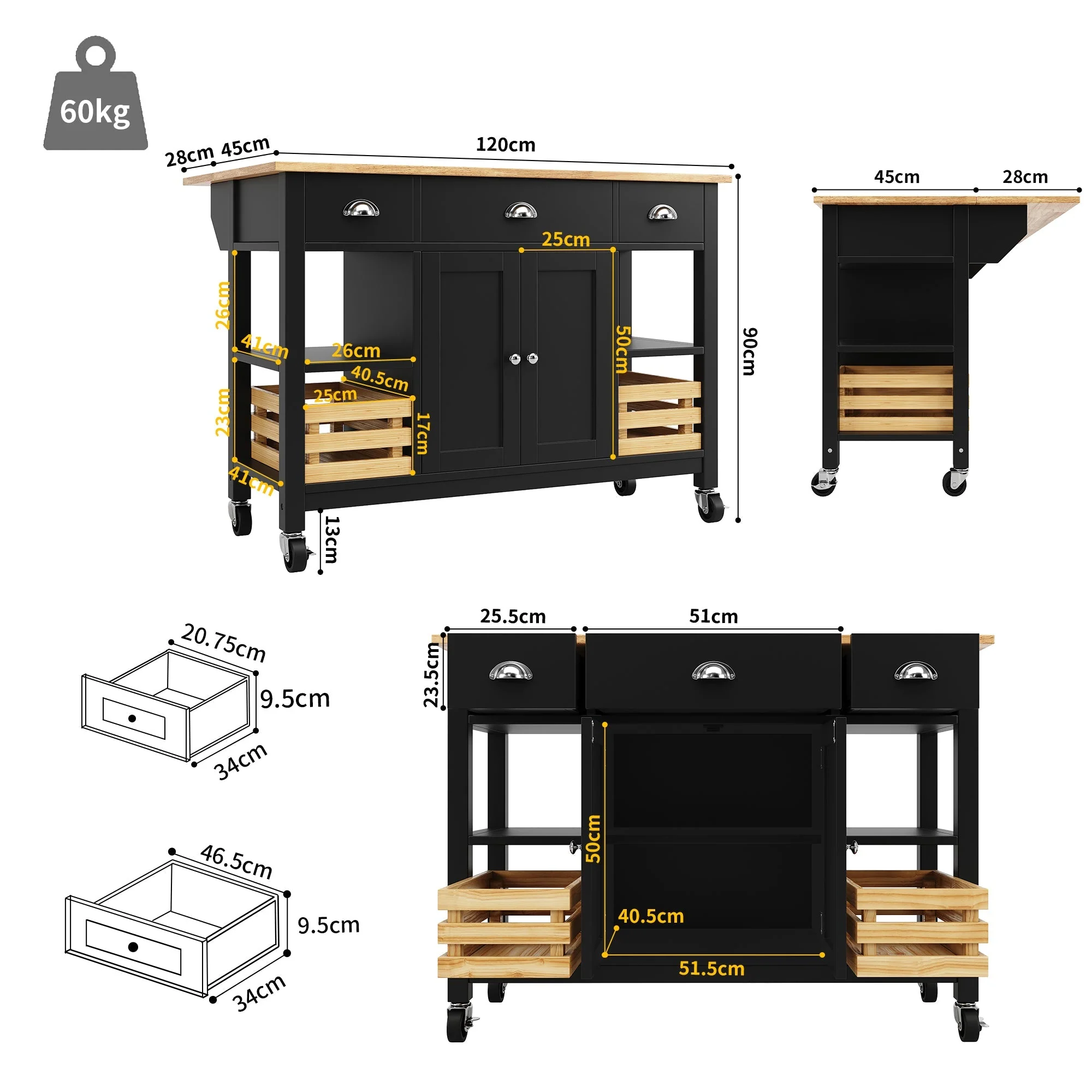 Rolling Kitchen Island Storage Trolley with Large Cabinet, 3 Drawers, Spice Rack, Adjustable Shelf, Dining Room Organiser Sideboard Cupboard Cabinet Cart, Black - Image 4
