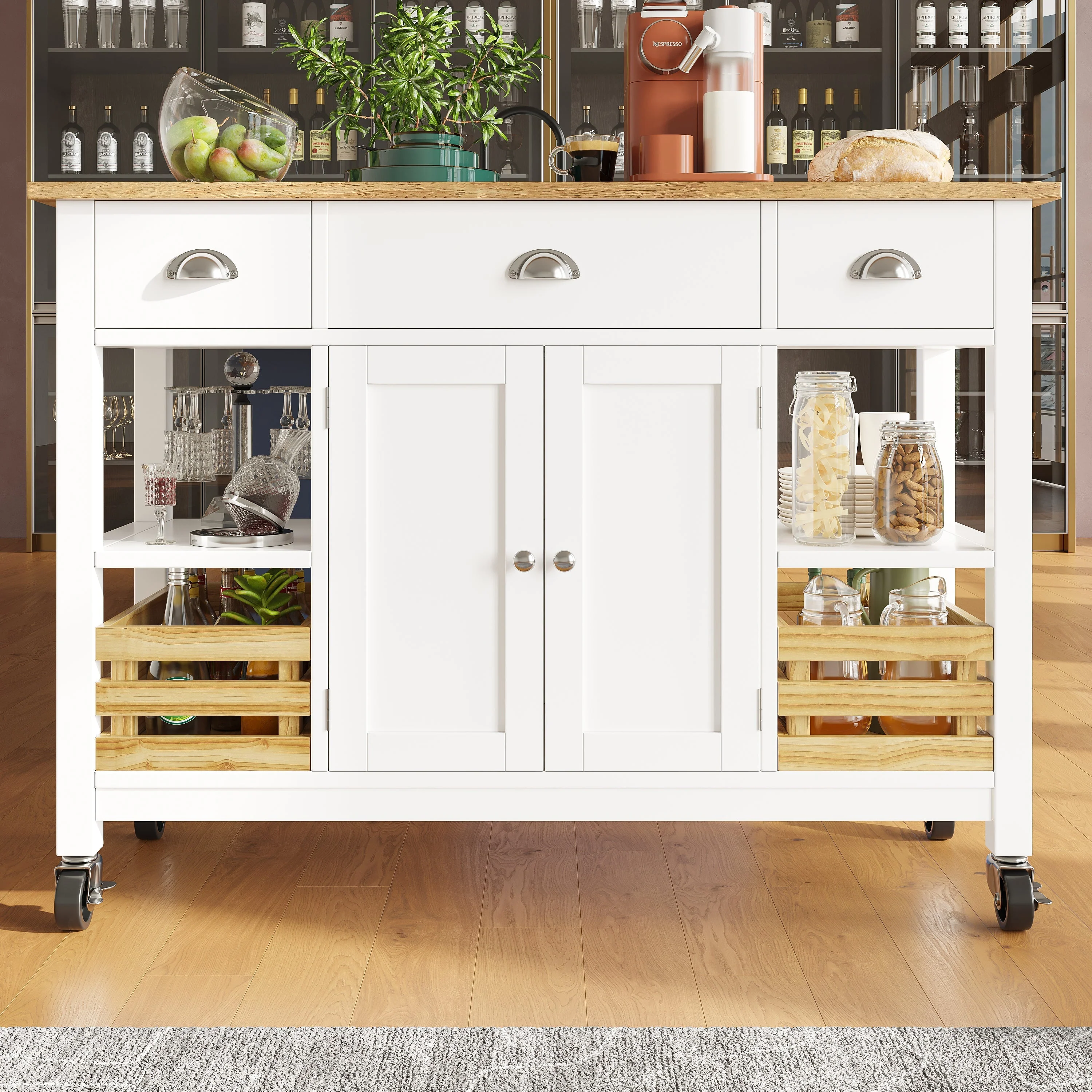 Rolling Kitchen Island Storage Trolley with Large Cabinet, 3 Drawers, Spice Rack & Adjustable Shelf, White - Image 2