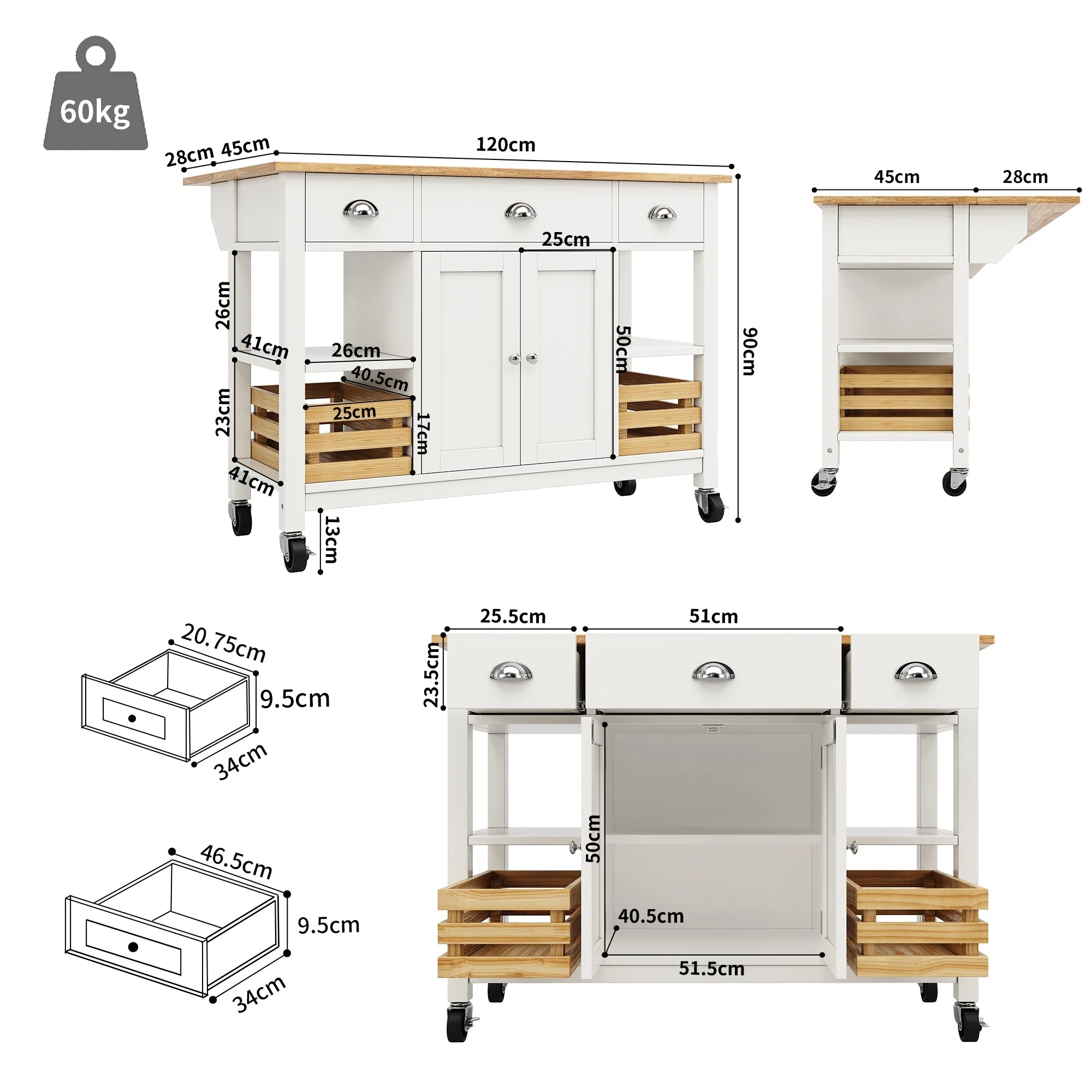 Rolling Kitchen Island Storage Trolley with Large Cabinet, 3 Drawers, Spice Rack & Adjustable Shelf, White - Image 5