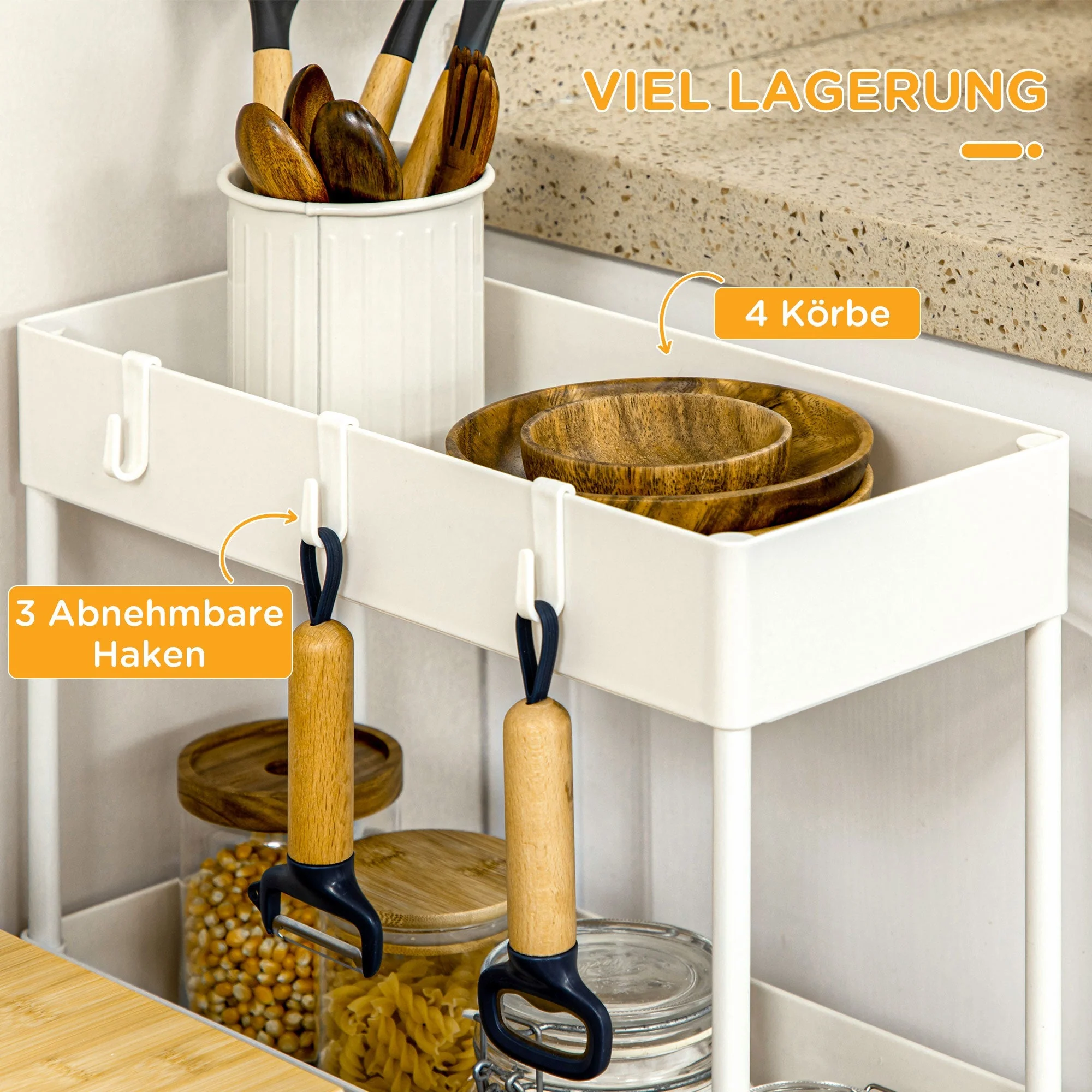 Rolling Kitchen Shelf, 4-Tier Storage with Wheels & Brakes, White - Image 4