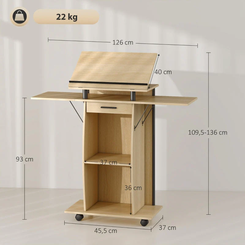 Rolling Podium Stand, Folding Side Wings & Shelves, Oak - Image 3