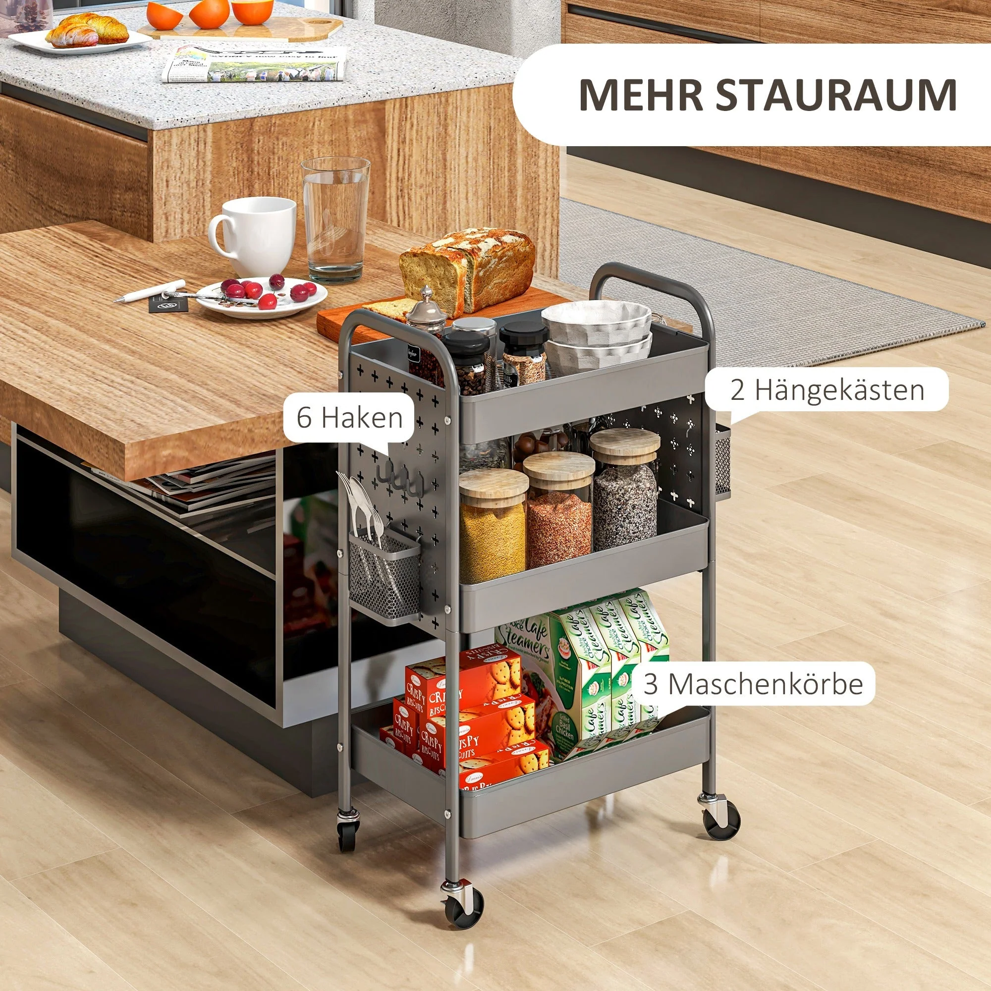 Rolling Serving Cart, 3 Tiers, 2 Baskets, Steel, Dark Grey - Image 4