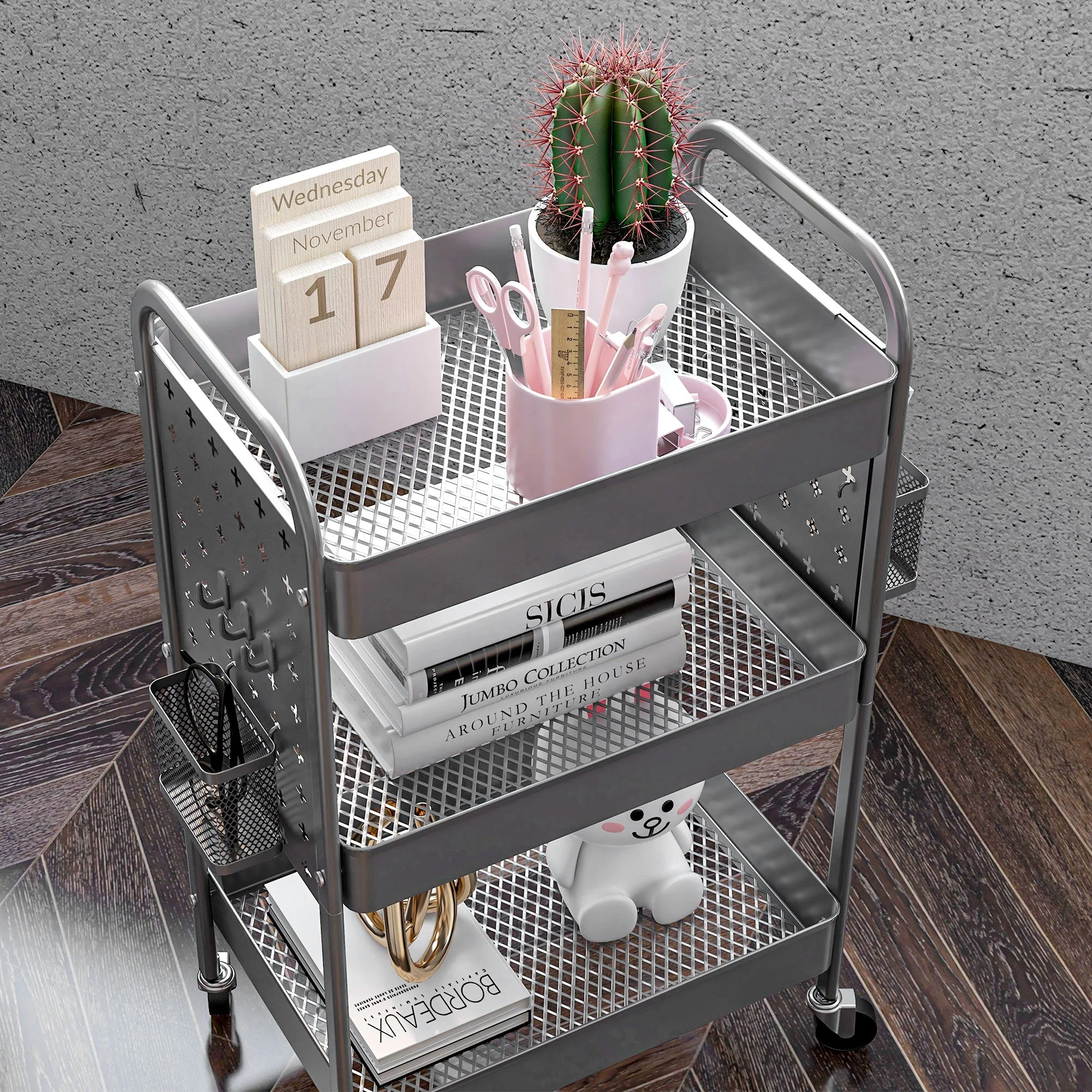 Rolling Serving Cart, 3 Tiers, 2 Baskets, Steel, Dark Grey - Image 7