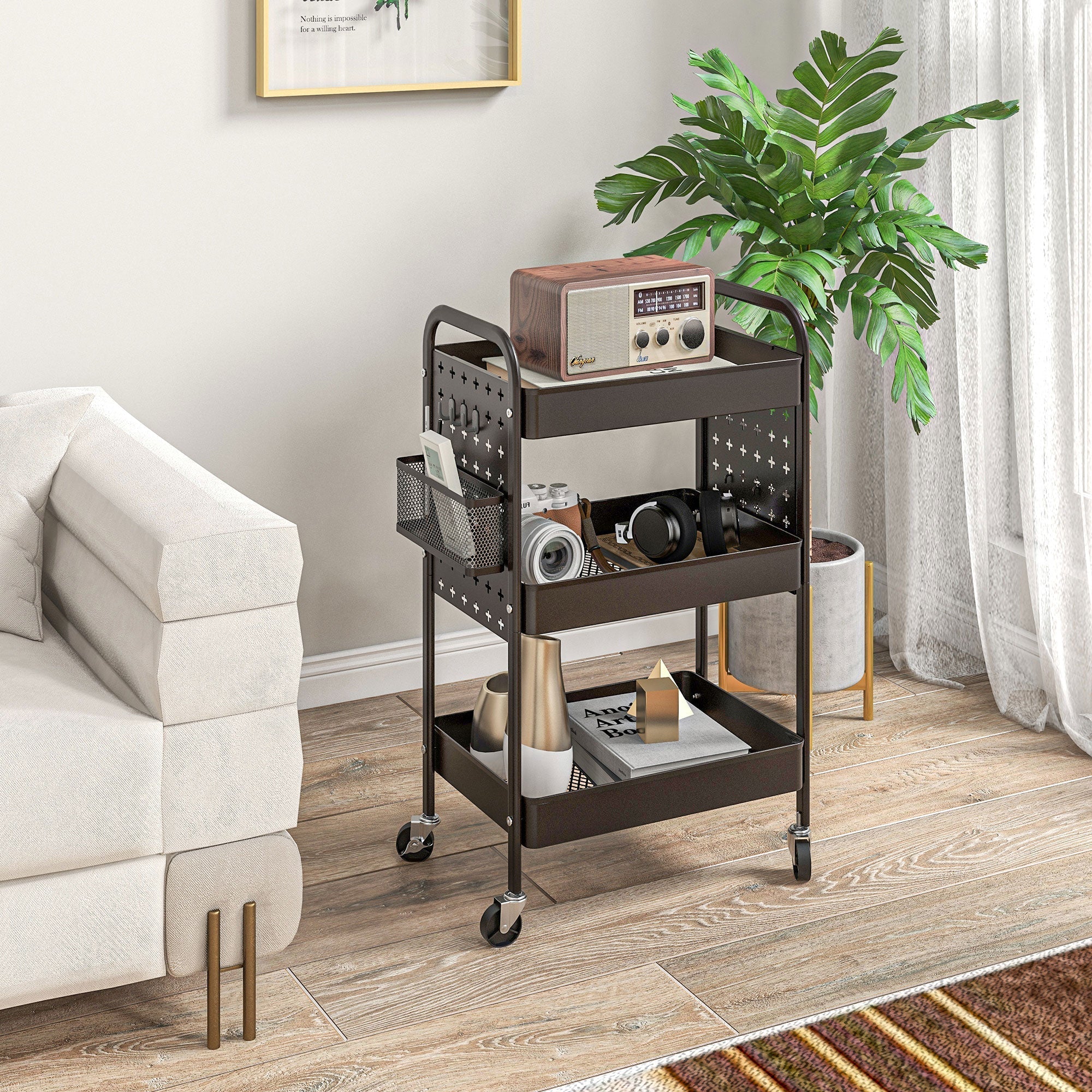 Rolling Serving Cart, 3 Tiers, 2 Hanging Baskets, Kitchen, Steel Black - Image 2