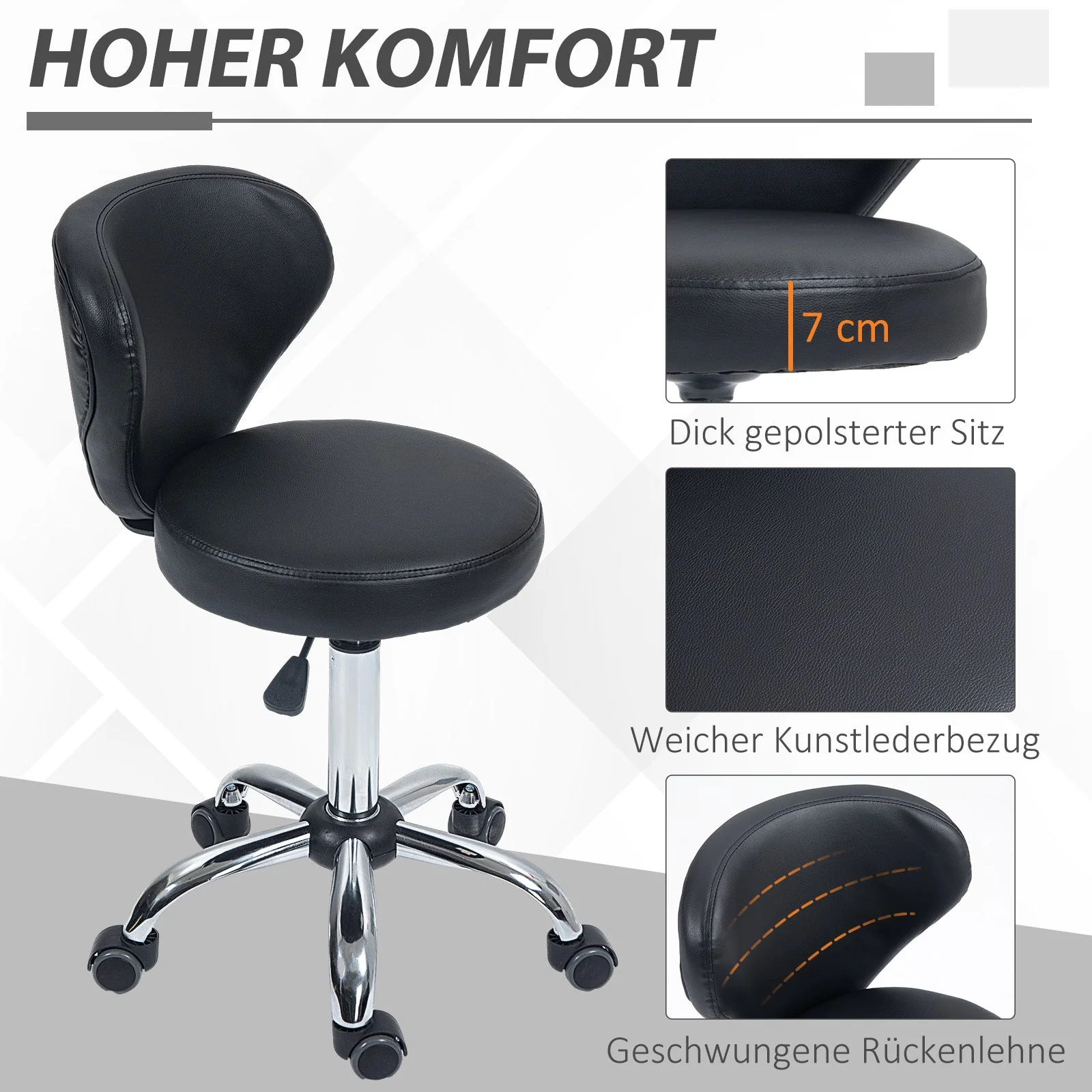 Rolling Stool Massage Stool, 360° Swivel Ergonomic Backrest, Black Faux Leather - Image 5