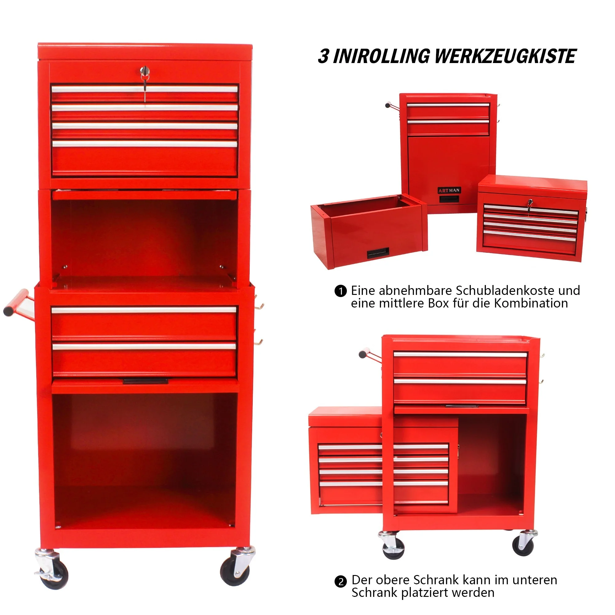 Rolling Tool Cabinet 6-Drawer 2-in-1 Removable Storage - Red - Image 2