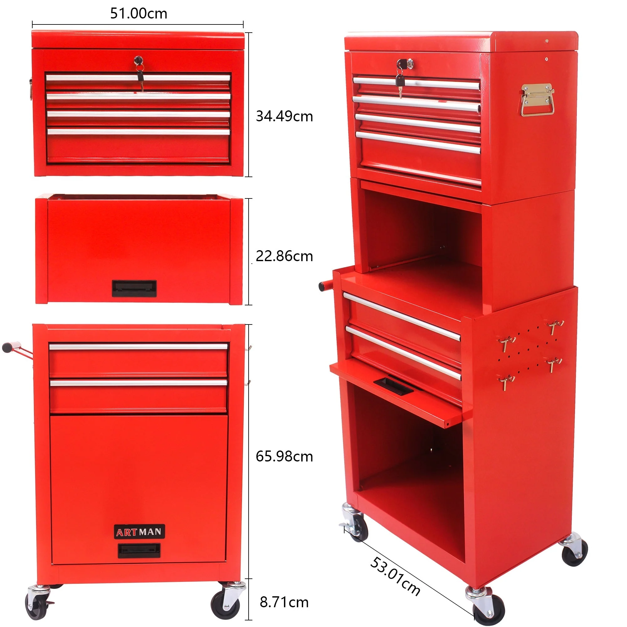 Rolling Tool Cabinet 6-Drawer 2-in-1 Removable Storage - Red - Image 5
