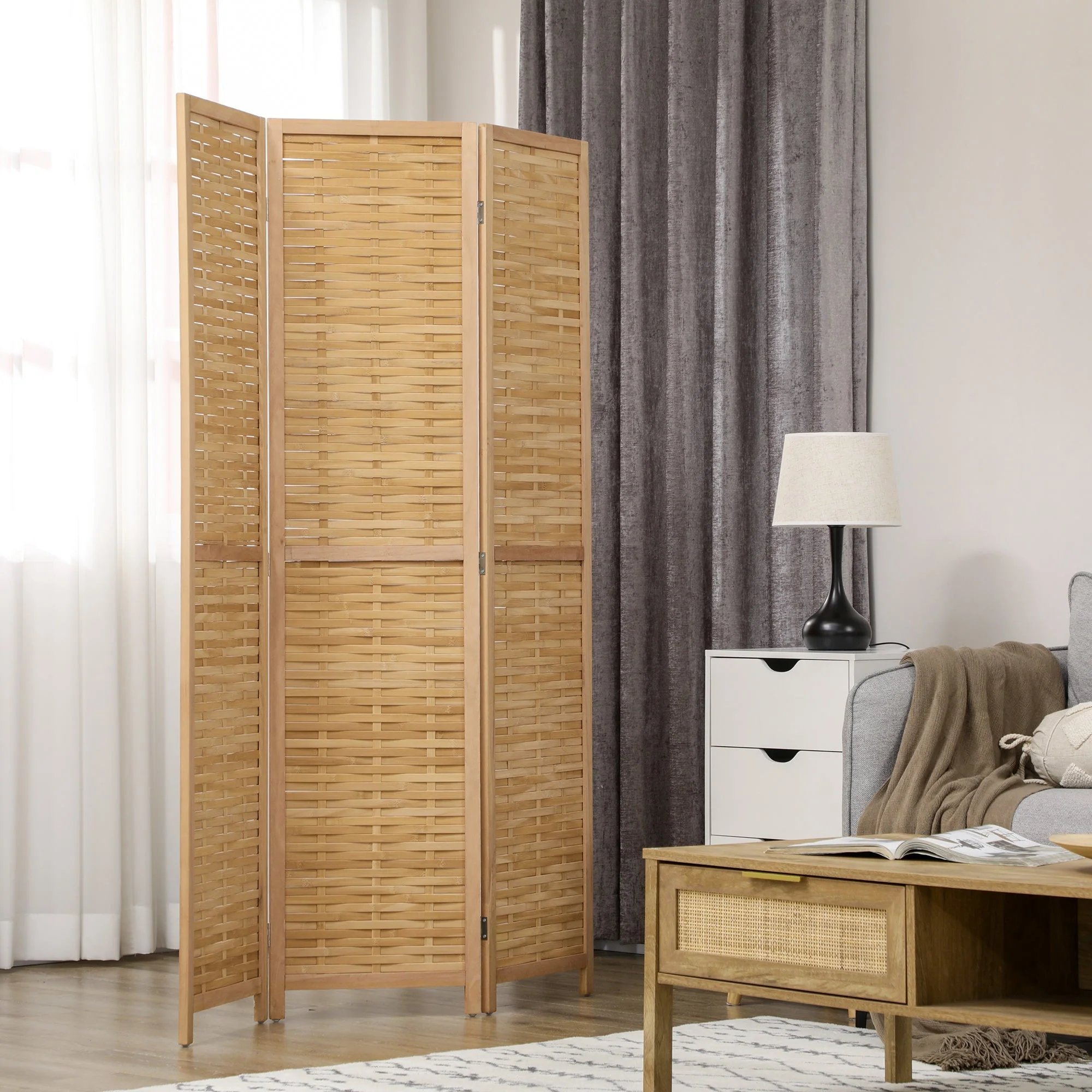 Room Divider/Screen, 3-Panel Foldable Privacy Screen 120x170cm, Bamboo Natural Finish - Image 2
