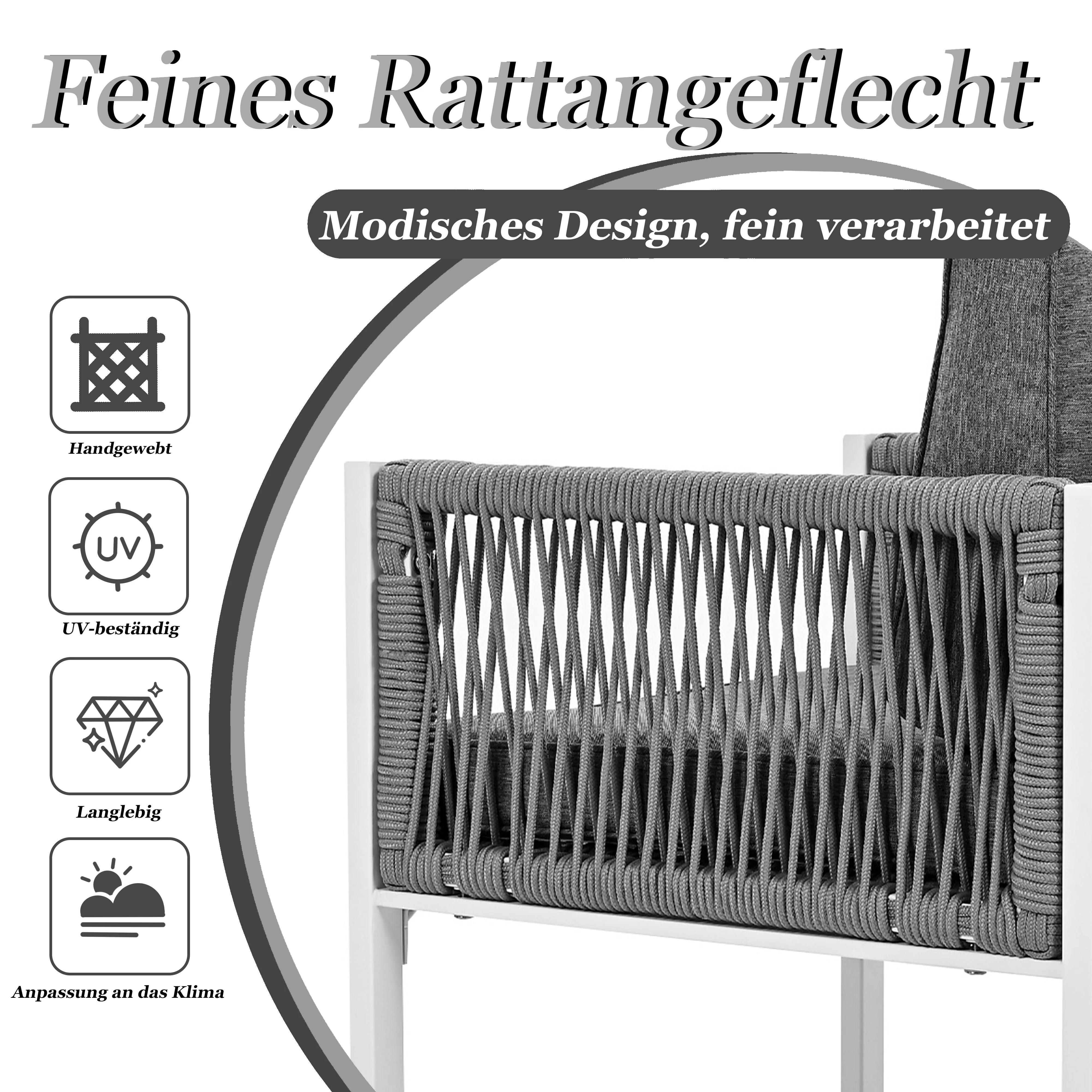 Rope Dining Set, 6-Person Garden Armchairs Removable Washable Cover, Fabric - Image 6