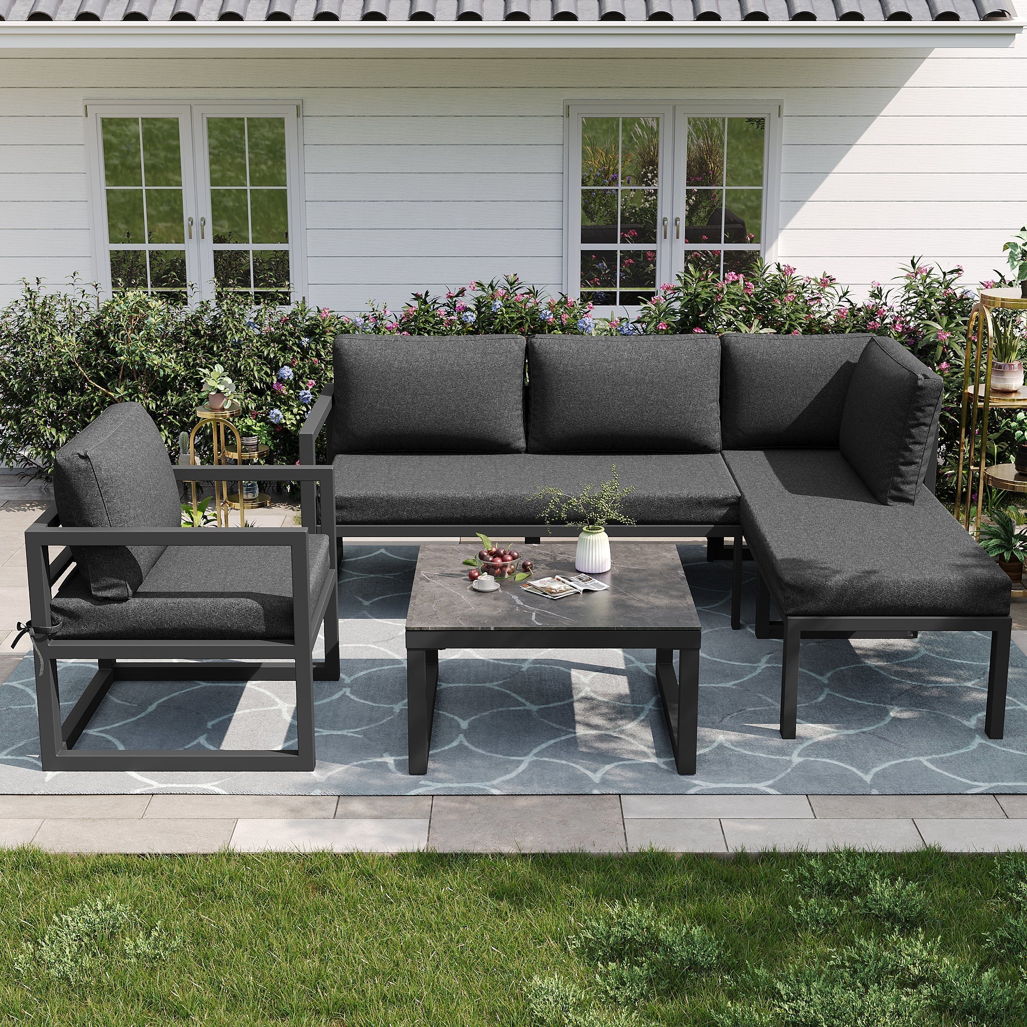 Rope Garden Lounge Set Corner Sofa Adjustable Legs - Grey