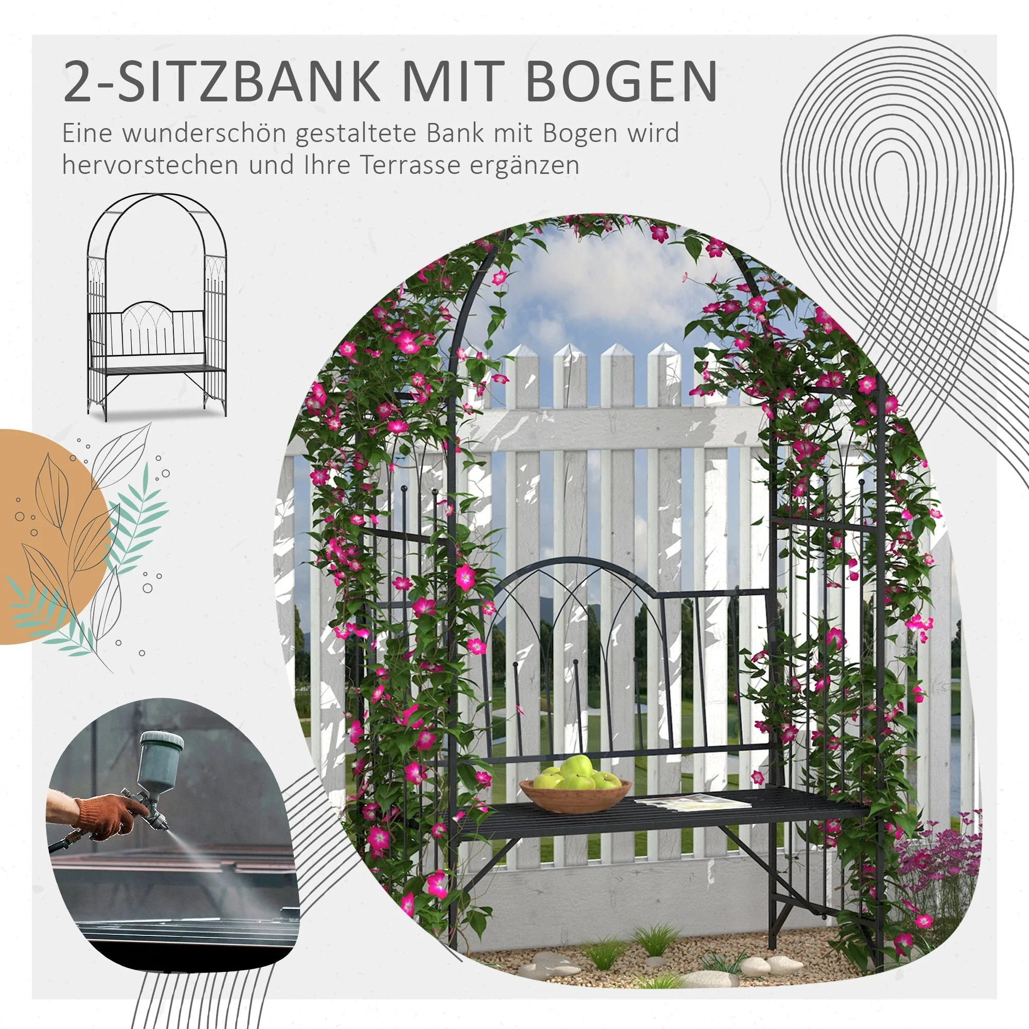 Rose Arch with Bench, Garden Trellis, Metal Black - Image 4