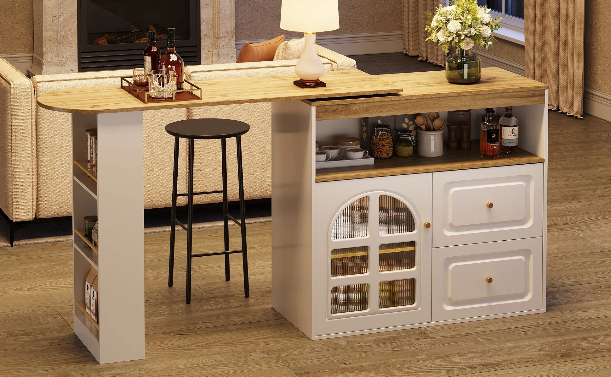 Rotating Dining Bar Sideboard 360° Swivel with 2 Drawers Snack Shelf Curved Glass White - Image 6