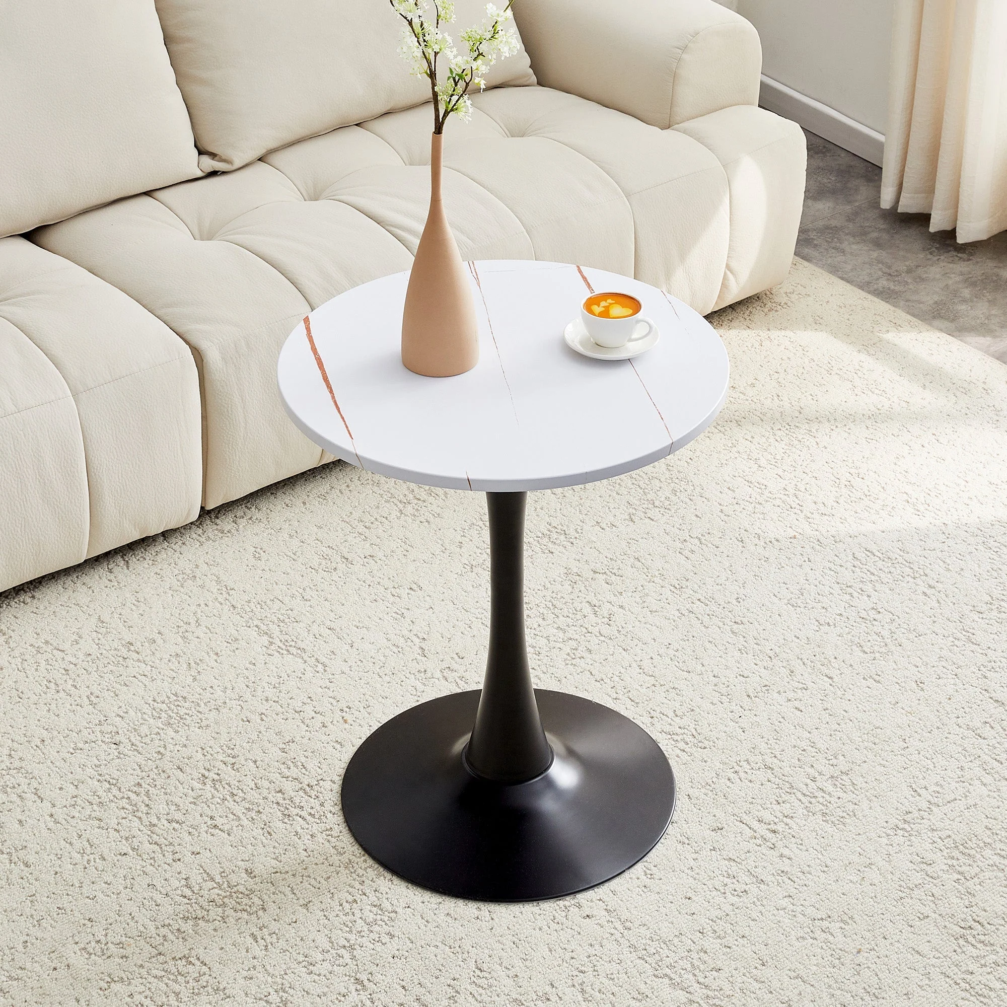 Round 60cm Side Table Small Dining Table MDF Thermoforming Black Leg White Grain Look