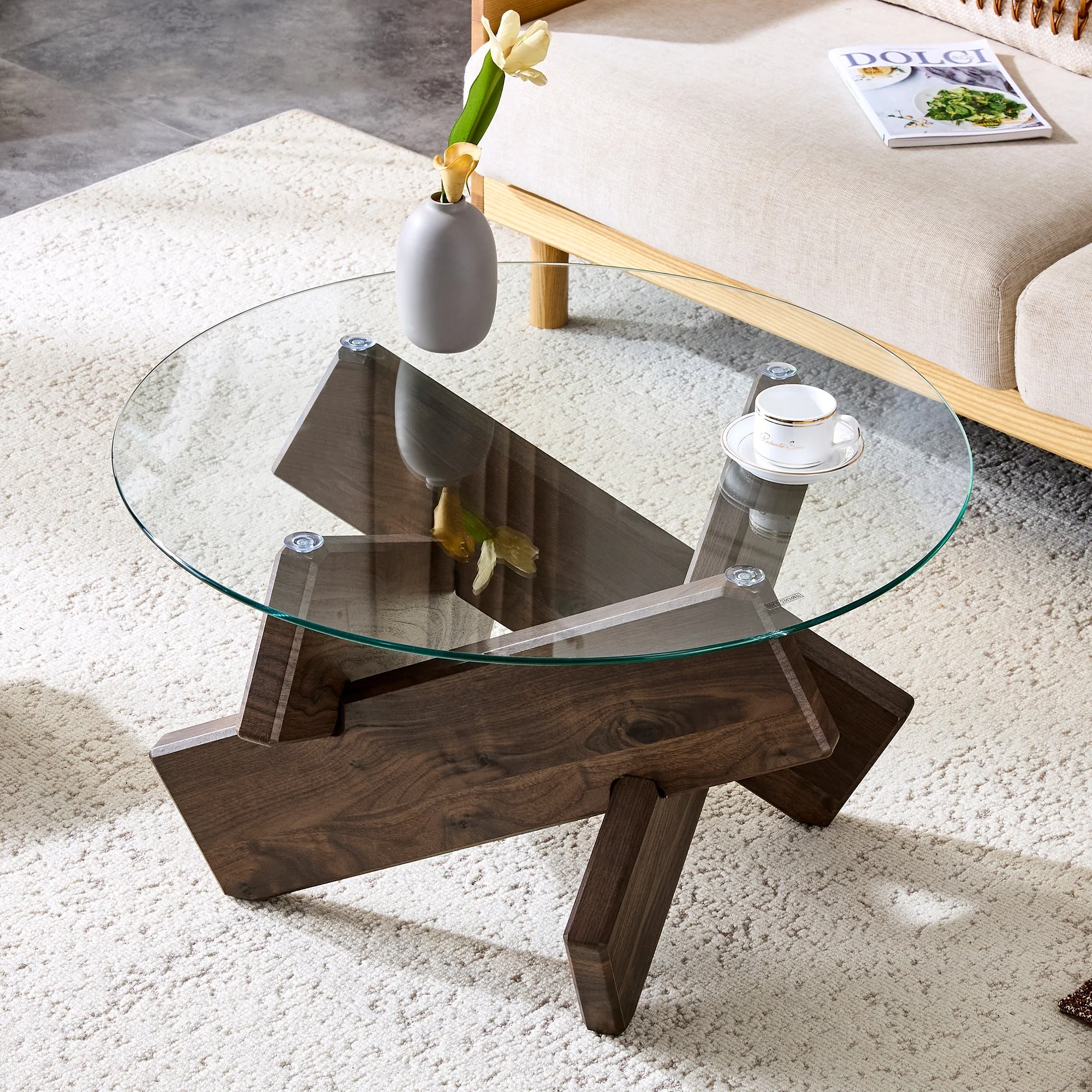 Round Coffee Table 79cm Tempered Glass Top Deep Legs - Walnut Wood Grain MDF - Image 3