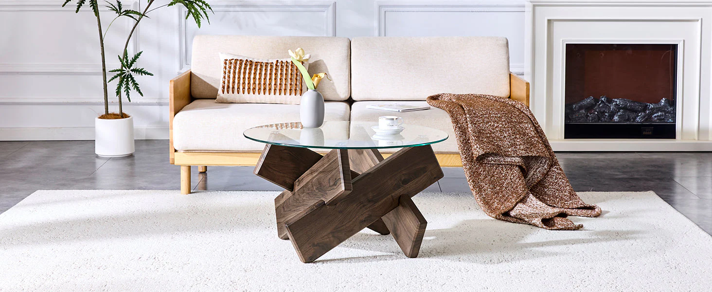 Round Coffee Table 79cm Tempered Glass Top Deep Legs - Walnut Wood Grain MDF - Image 9