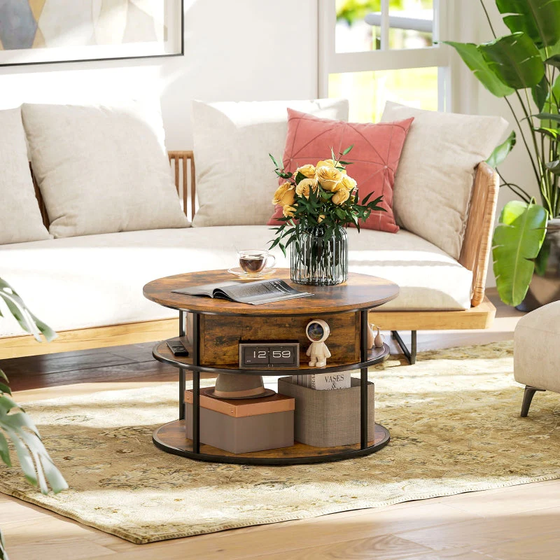 Round coffee table, height adjustable, with shelf and storage, brown - Image 8