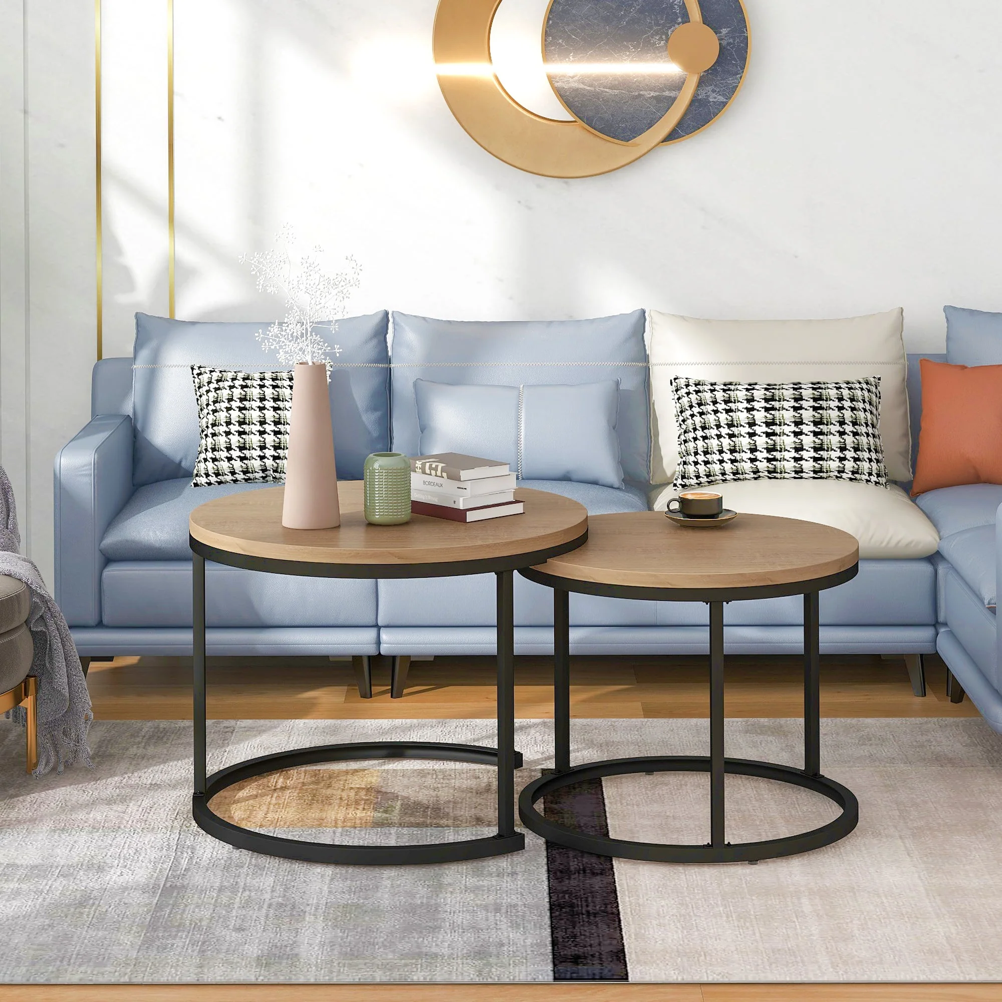Round coffee table set of 2 nested side tables (oak) - Image 3