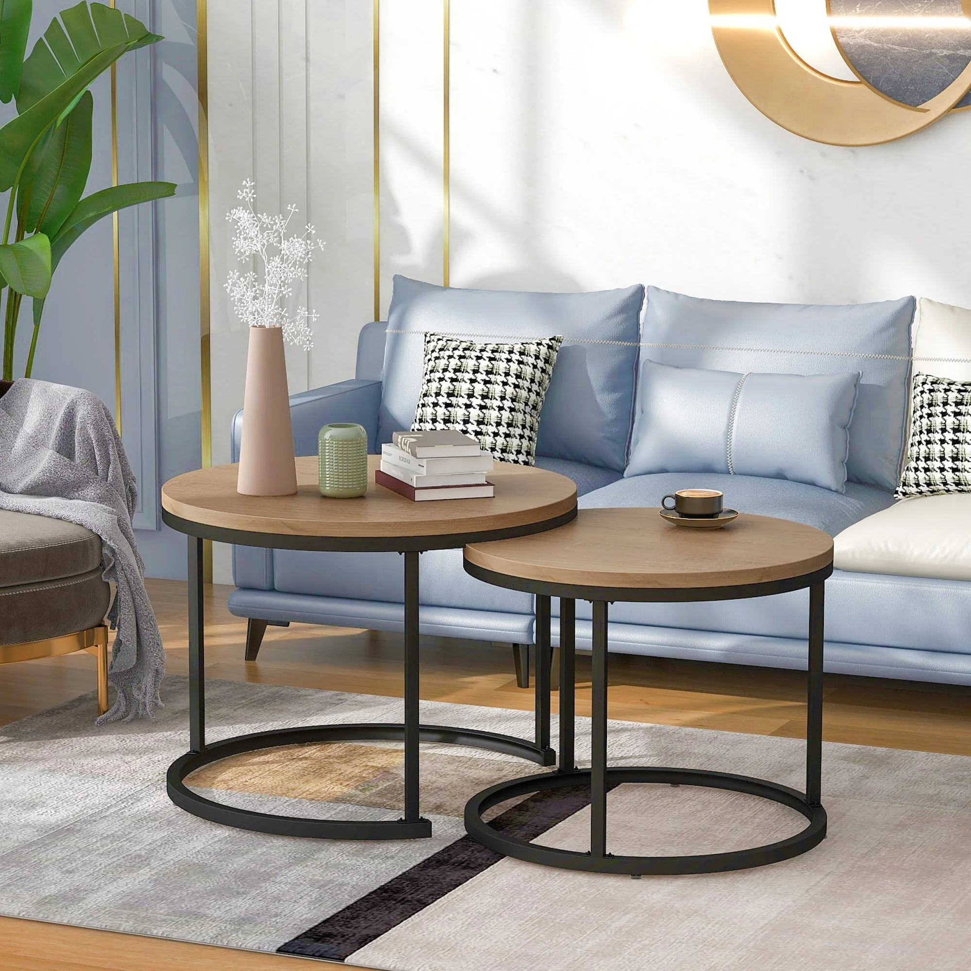 Round coffee table set of 2 nested side tables (oak) - Image 4