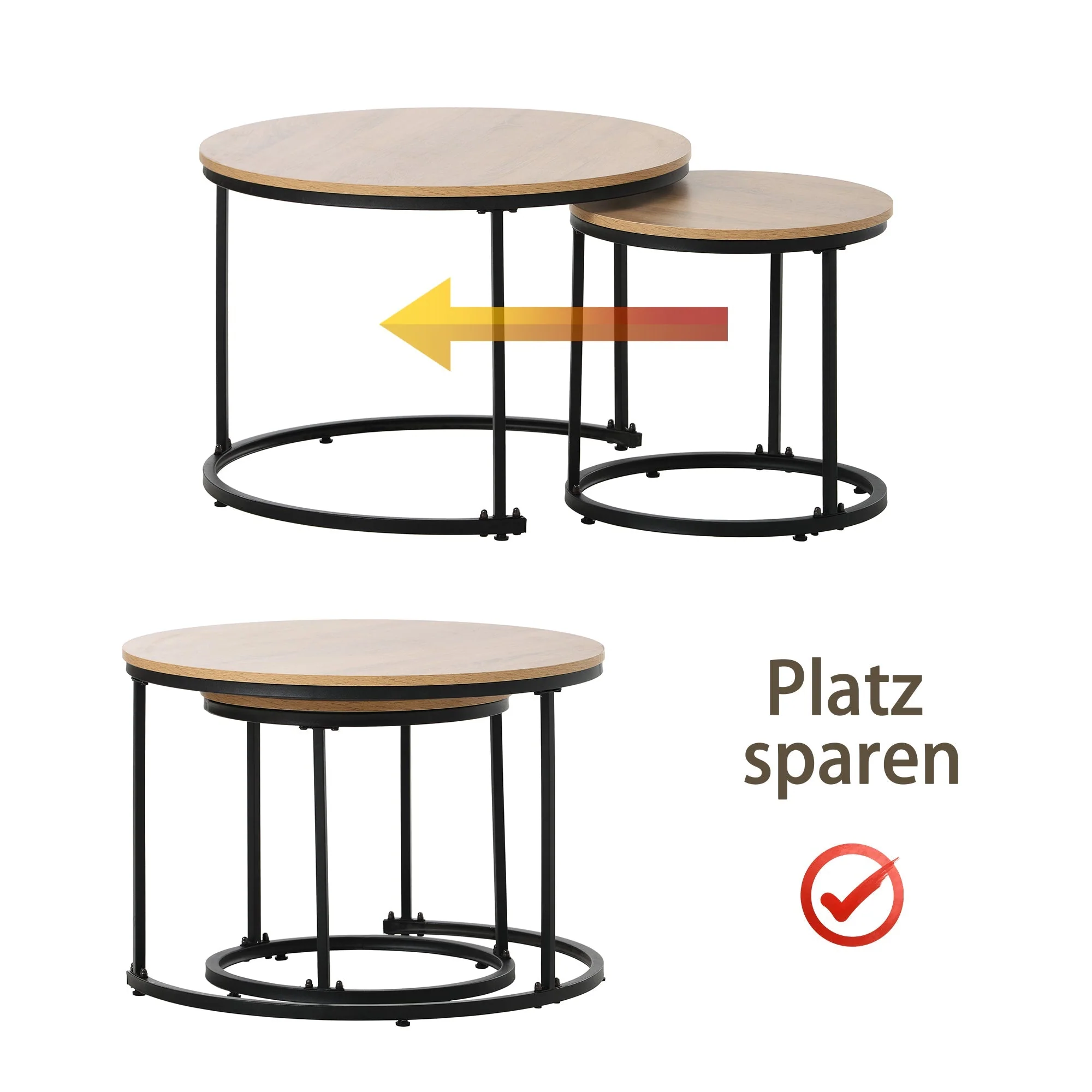 Round coffee table set of 2 nested side tables (oak) - Image 6