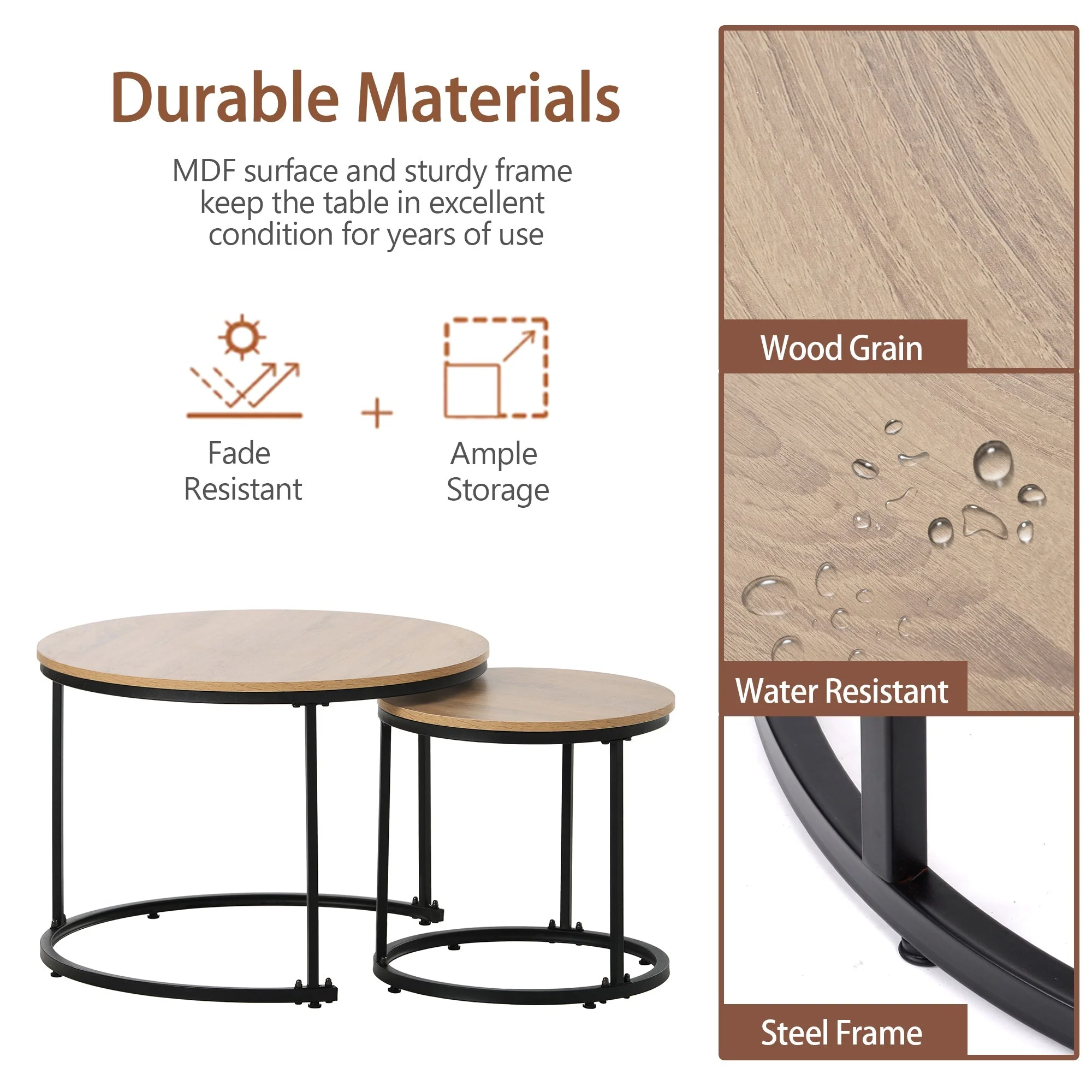 Round coffee table set of 2 nested side tables (oak) - Image 9