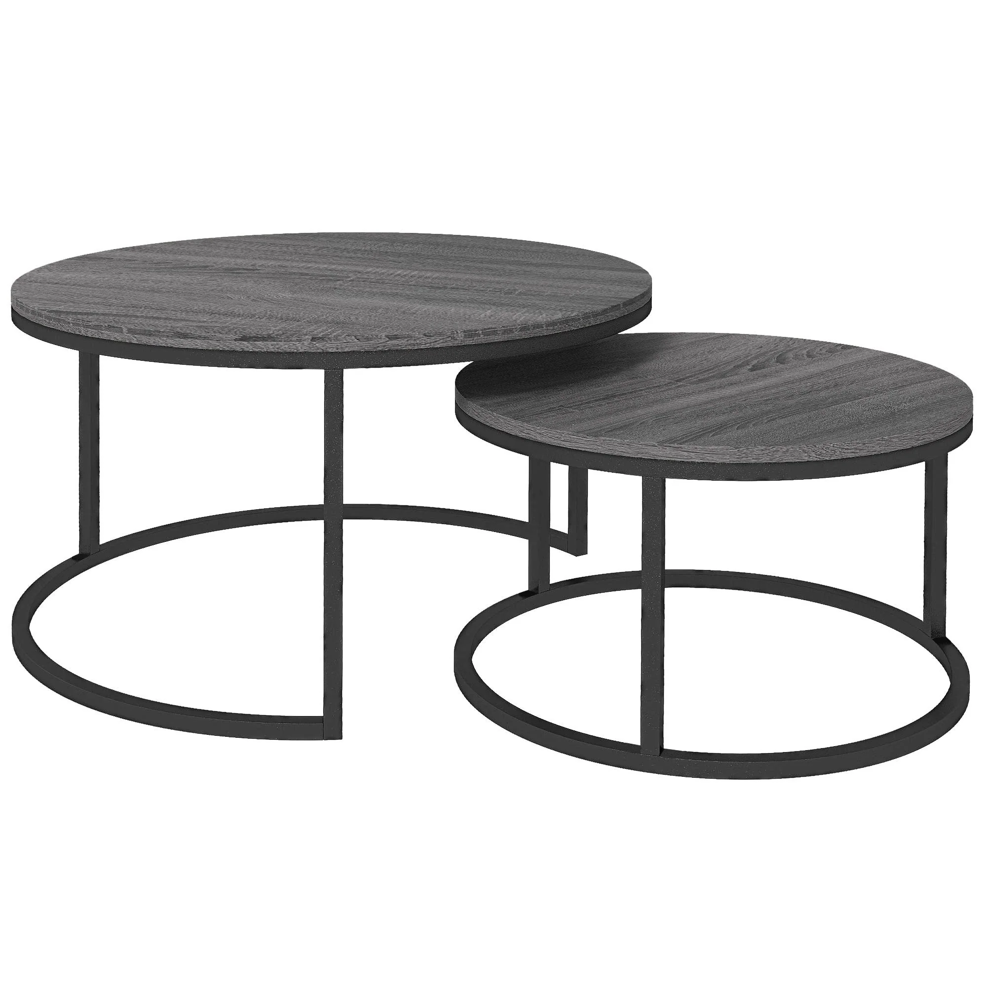 Round Coffee Table, Set of 2 Stackable Side Tables, Wood Look & Metal, Black - Image 2