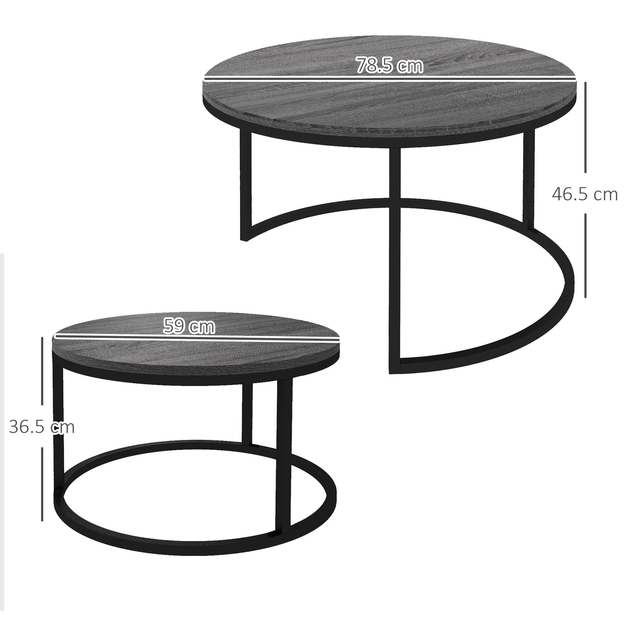 Round Coffee Table, Set of 2 Stackable Side Tables, Wood Look & Metal, Black - Image 3
